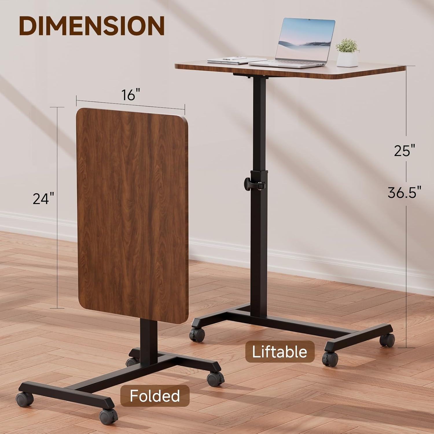 image:imageGTPLAYER Small Standing Desk 24 Inches Foldable Mobile Rolling Laptop PC Table with Lockable Casters Adjustable Height Overbed Bedside Table Computer Workstation for Home Office WalnutFoldableDark Brownfoldable
