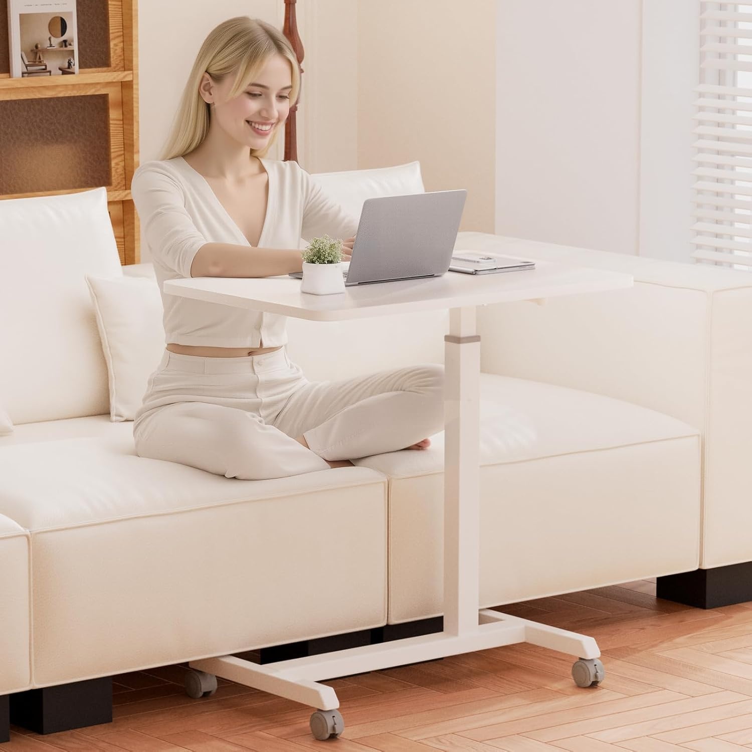image:imageGTPLAYER Small Standing Desk 24 Inches Foldable Mobile Rolling Laptop PC Table with Lockable Casters Adjustable Height Overbed Bedside Table Computer Workstation for Home Office WalnutFoldableWhitefoldable