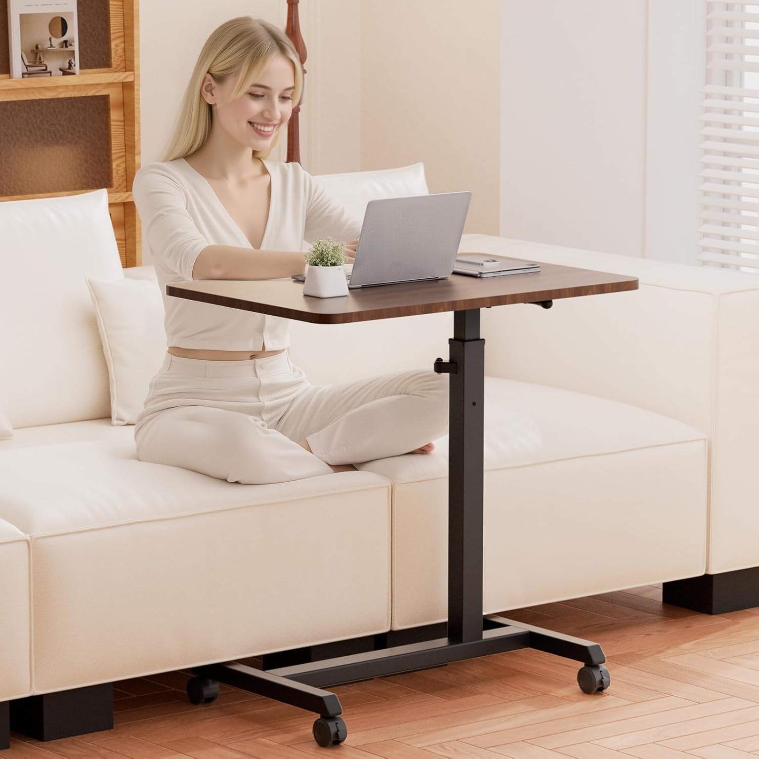 image:imageGTPLAYER Small Standing Desk 24 Inches Foldable Mobile Rolling Laptop PC Table with Lockable Casters Adjustable Height Overbed Bedside Table Computer Workstation for Home Office WalnutFoldableDark Brownfoldable