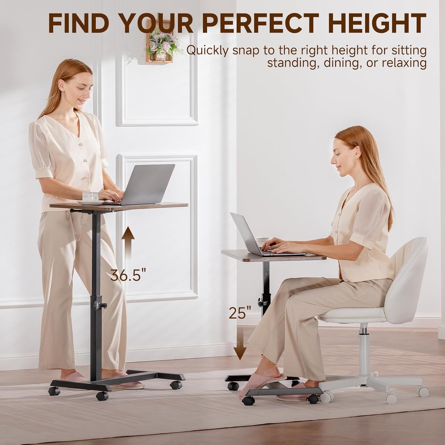 image:imageGTPLAYER Small Standing Desk 24 Inches Foldable Mobile Rolling Laptop PC Table with Lockable Casters Adjustable Height Overbed Bedside Table Computer Workstation for Home Office WalnutFoldableDark Brownfoldable