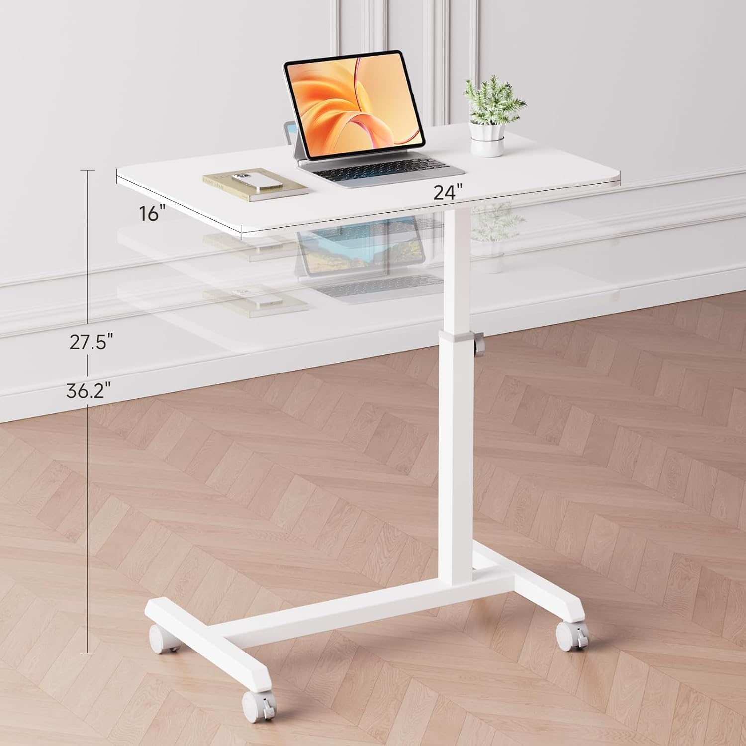 image:imageGTPLAYER Small Standing Desk 24 Inches Foldable Mobile Rolling Laptop PC Table with Lockable Casters Adjustable Height Overbed Bedside Table Computer Workstation for Home Office WalnutFoldableWhitefixed