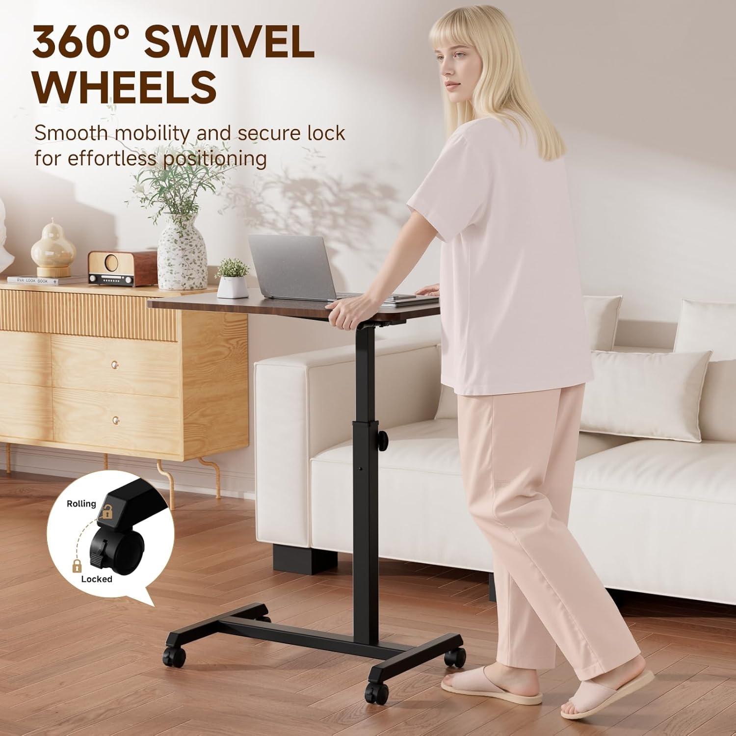 image:imageGTPLAYER Small Standing Desk 24 Inches Foldable Mobile Rolling Laptop PC Table with Lockable Casters Adjustable Height Overbed Bedside Table Computer Workstation for Home Office WalnutFoldableDark Brownfoldable