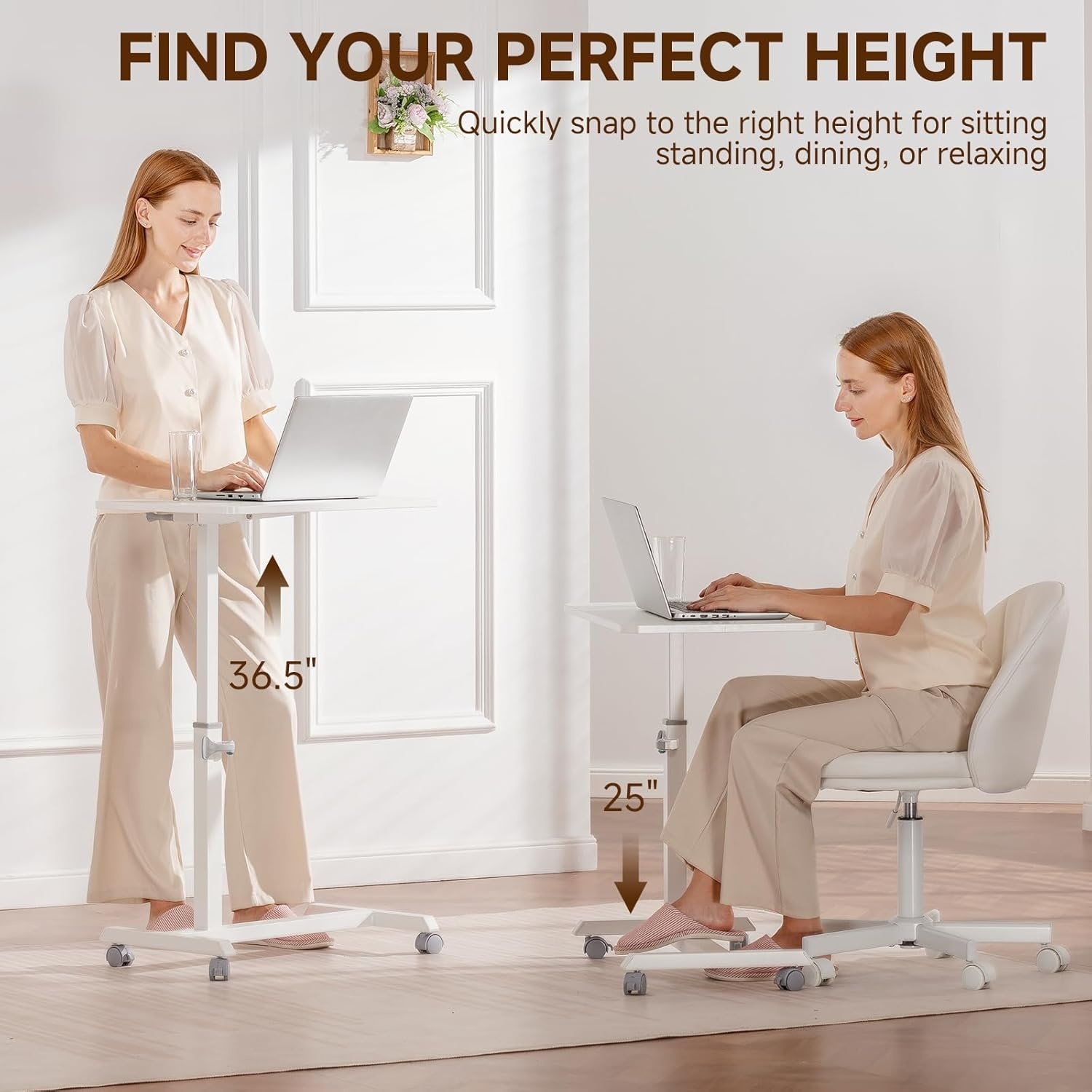 image:imageGTPLAYER Small Standing Desk 24 Inches Foldable Mobile Rolling Laptop PC Table with Lockable Casters Adjustable Height Overbed Bedside Table Computer Workstation for Home Office WalnutFoldableWhitefoldable