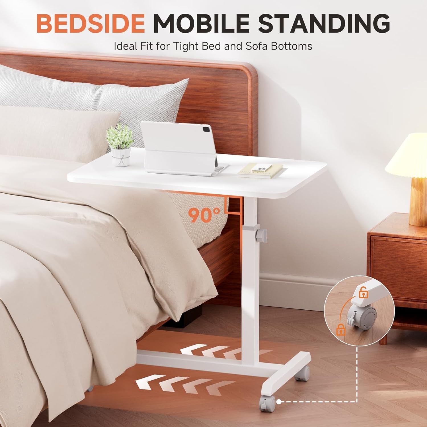 image:imageGTPLAYER Small Standing Desk 24 Inches Foldable Mobile Rolling Laptop PC Table with Lockable Casters Adjustable Height Overbed Bedside Table Computer Workstation for Home Office WalnutFoldableWhitefixed