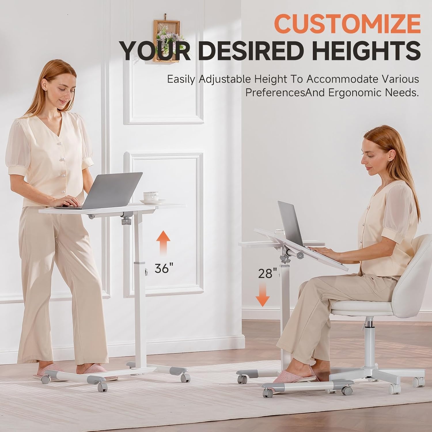 image:imageGTPLAYER Small Standing Desk 24 Inches Foldable Mobile Rolling Laptop PC Table with Lockable Casters Adjustable Height Overbed Bedside Table Computer Workstation for Home Office WalnutFoldableWhitetiltable