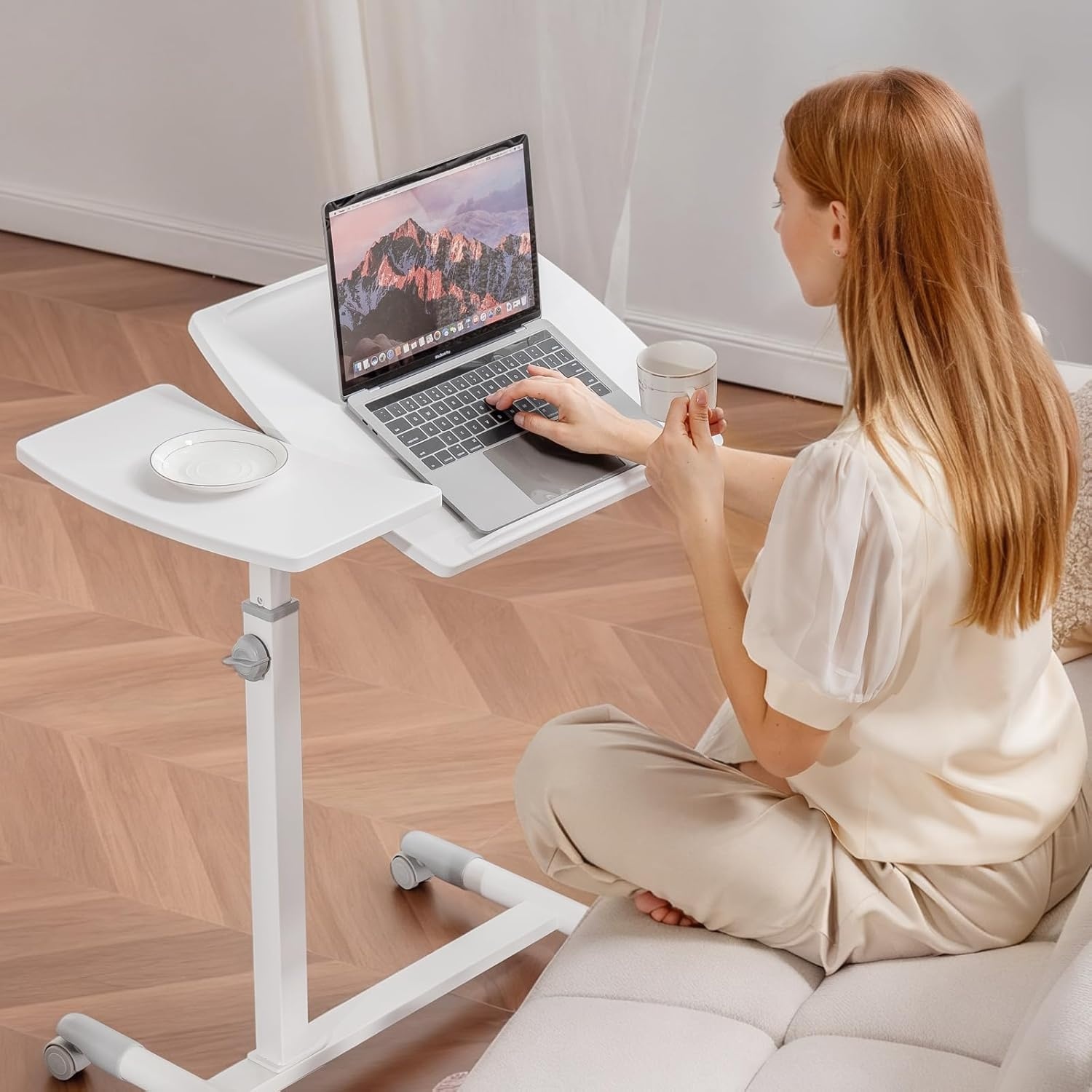 image:imageGTPLAYER Small Standing Desk 24 Inches Foldable Mobile Rolling Laptop PC Table with Lockable Casters Adjustable Height Overbed Bedside Table Computer Workstation for Home Office WalnutFoldableWhitetiltable