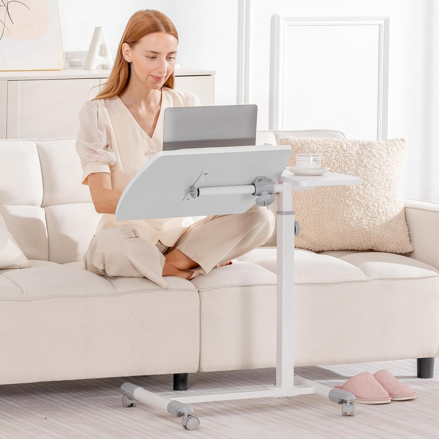 image:imageGTPLAYER Small Standing Desk 24 Inches Foldable Mobile Rolling Laptop PC Table with Lockable Casters Adjustable Height Overbed Bedside Table Computer Workstation for Home Office WalnutFoldableWhitetiltable