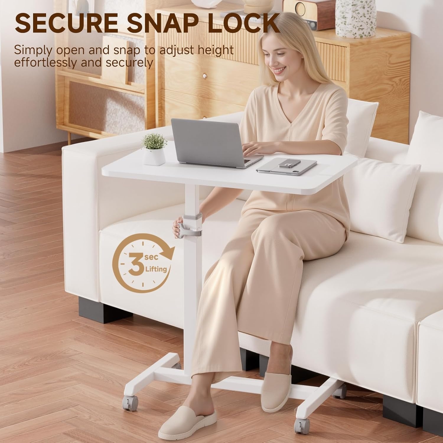 image:imageGTPLAYER Small Standing Desk 24 Inches Foldable Mobile Rolling Laptop PC Table with Lockable Casters Adjustable Height Overbed Bedside Table Computer Workstation for Home Office WalnutFoldableWhitefoldable