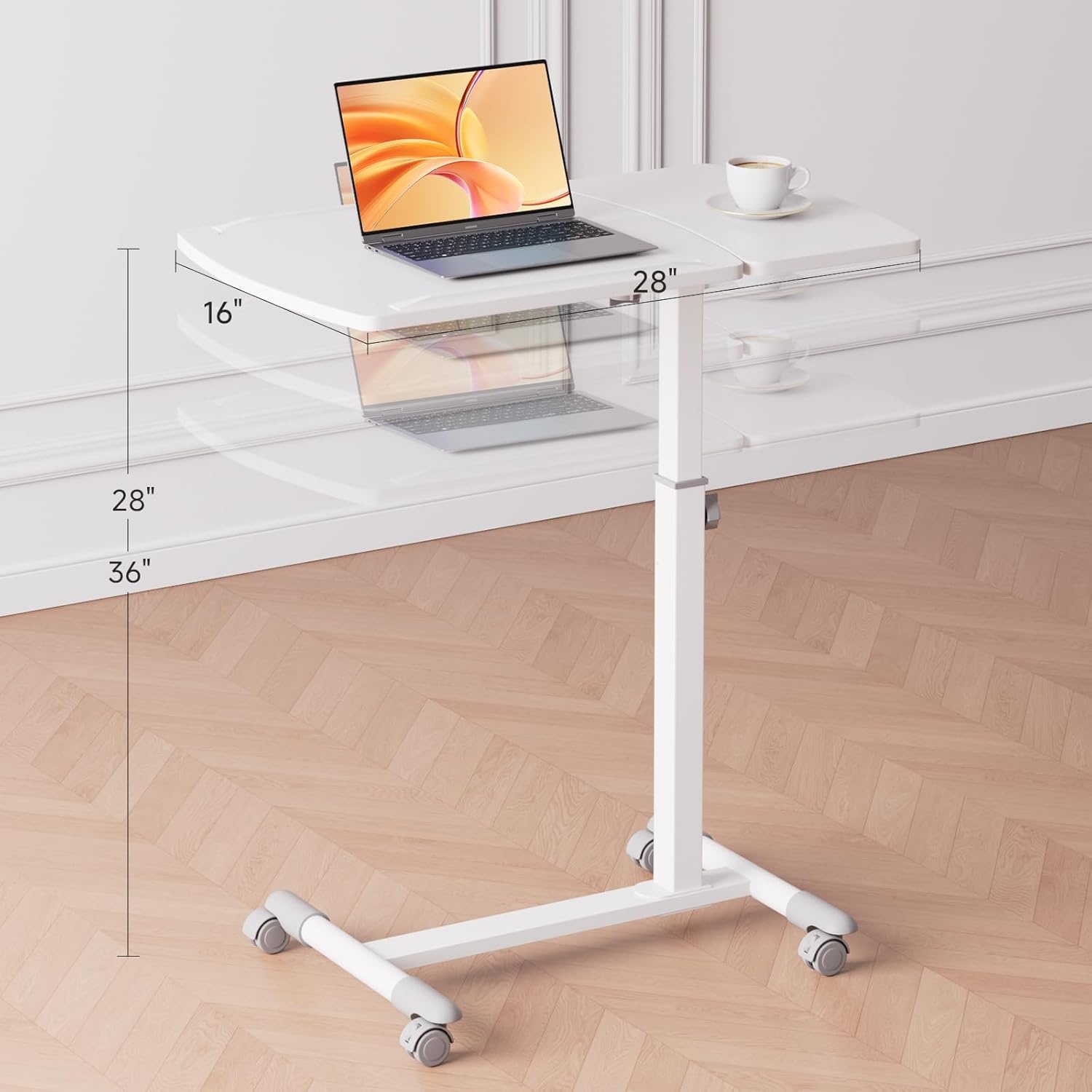 image:imageGTPLAYER Small Standing Desk 24 Inches Foldable Mobile Rolling Laptop PC Table with Lockable Casters Adjustable Height Overbed Bedside Table Computer Workstation for Home Office WalnutFoldableWhitetiltable