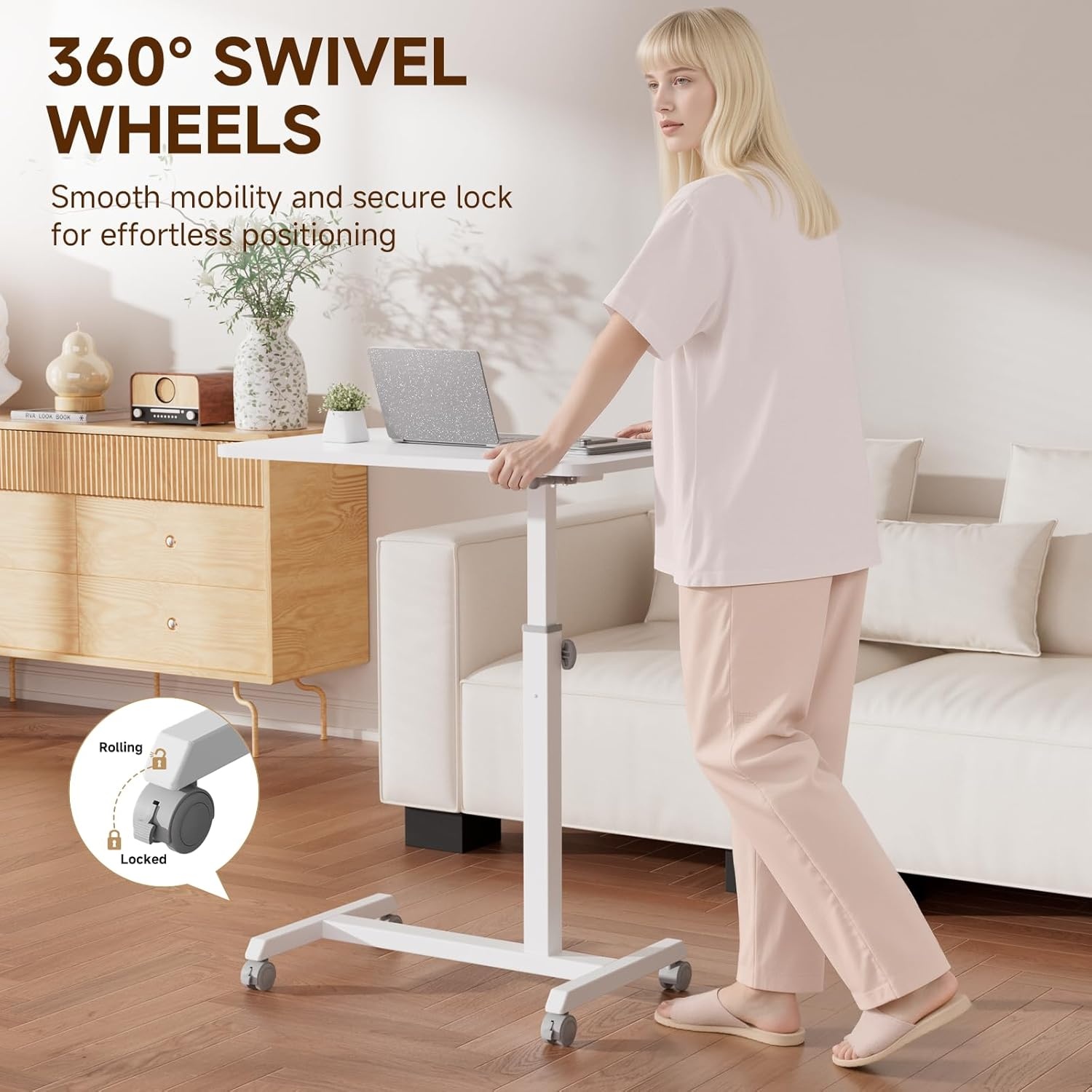 image:imageGTPLAYER Small Standing Desk 24 Inches Foldable Mobile Rolling Laptop PC Table with Lockable Casters Adjustable Height Overbed Bedside Table Computer Workstation for Home Office WalnutFoldableWhitefoldable