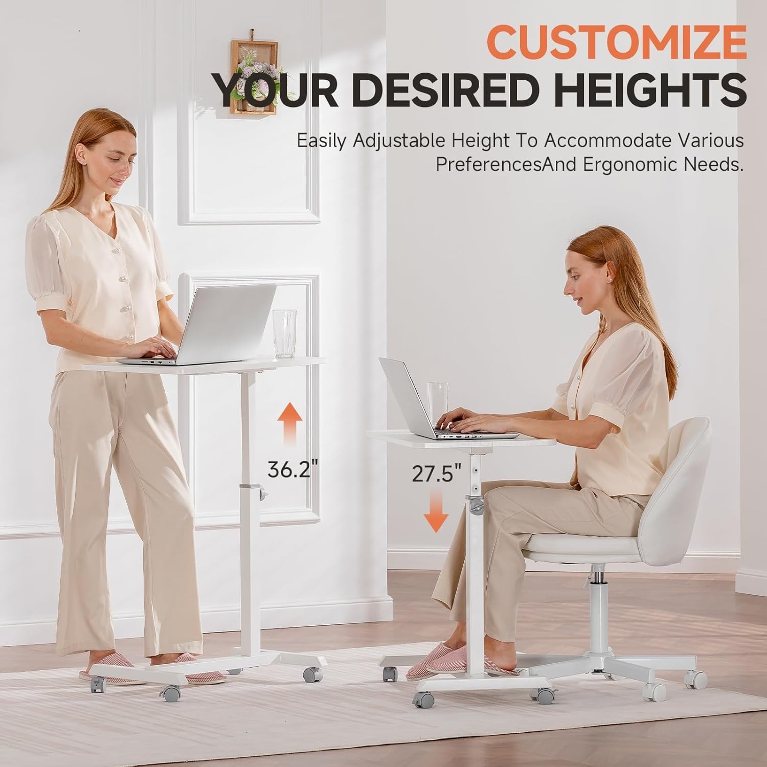 image:imageGTPLAYER Small Standing Desk 24 Inches Foldable Mobile Rolling Laptop PC Table with Lockable Casters Adjustable Height Overbed Bedside Table Computer Workstation for Home Office WalnutFoldableWhitefixed