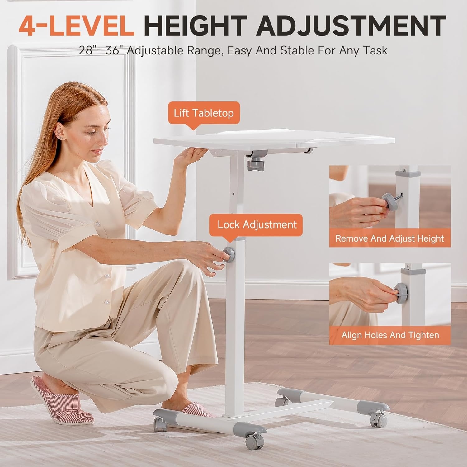 image:imageGTPLAYER Small Standing Desk 24 Inches Foldable Mobile Rolling Laptop PC Table with Lockable Casters Adjustable Height Overbed Bedside Table Computer Workstation for Home Office WalnutFoldableWhitetiltable