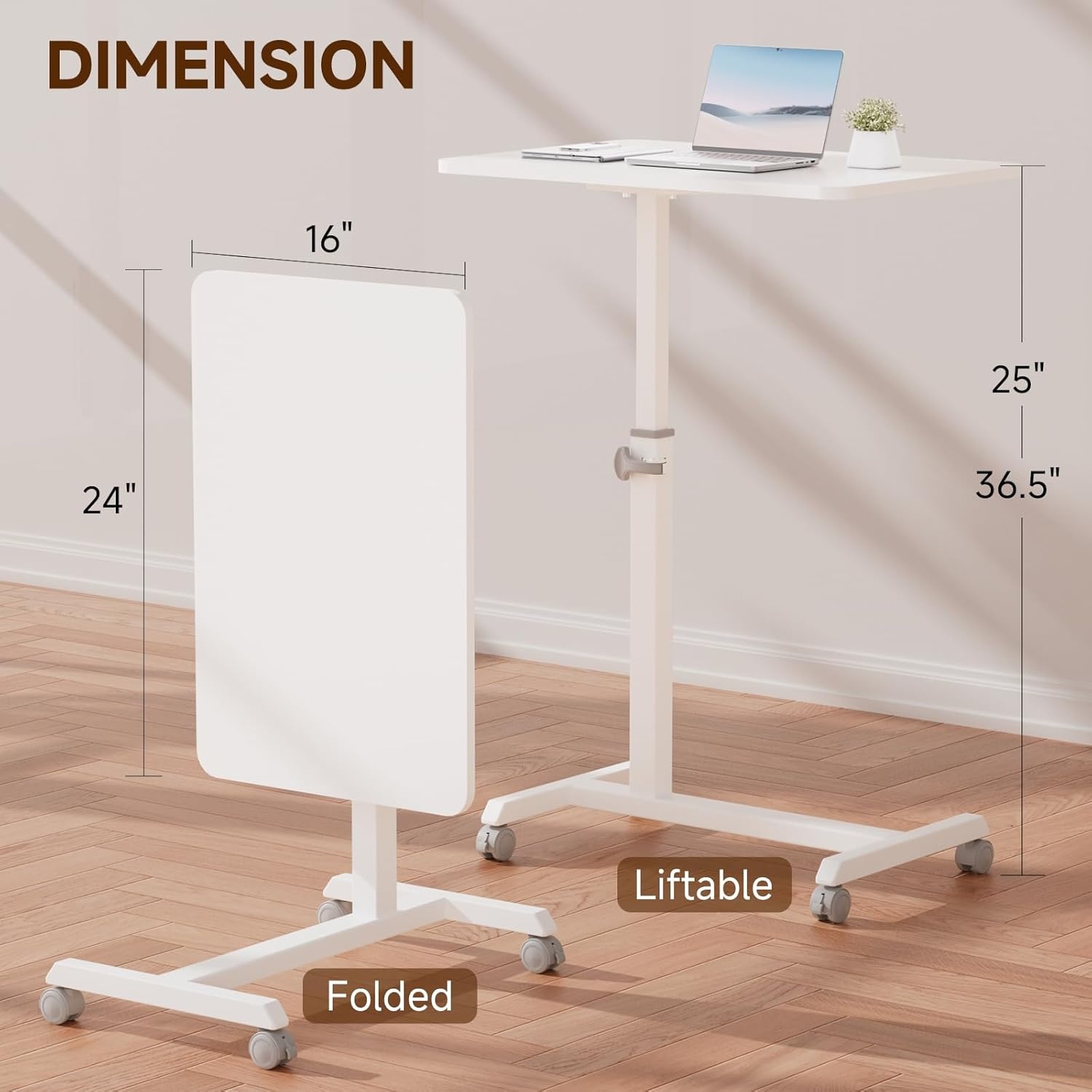 image:imageGTPLAYER Small Standing Desk 24 Inches Foldable Mobile Rolling Laptop PC Table with Lockable Casters Adjustable Height Overbed Bedside Table Computer Workstation for Home Office WalnutFoldableWhitefoldable