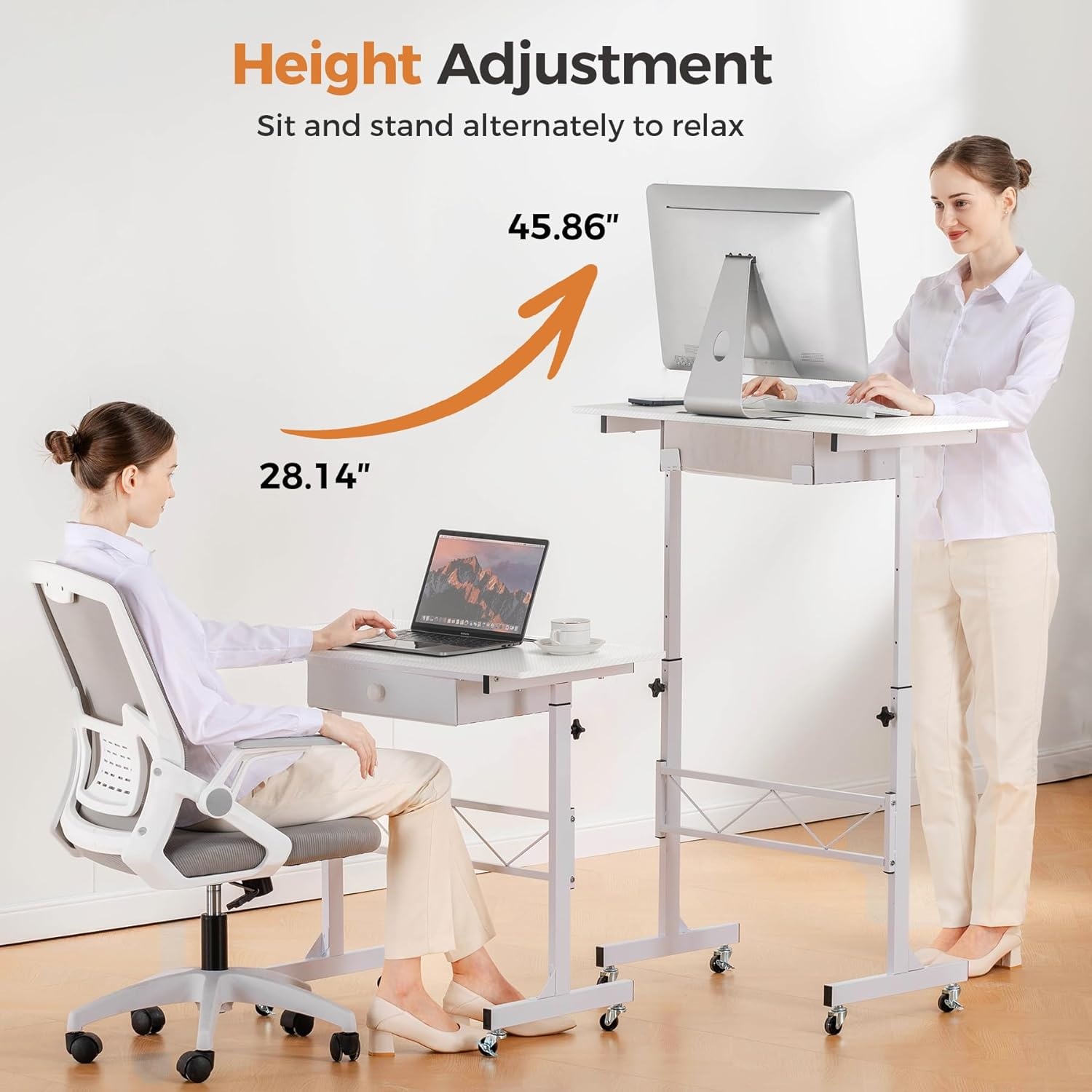 image:imageGTPLAYER Small Standing Desk Adjustable Height Small Computer Desk Mobile Portable Rolling Laptop Table with Wheels 32 Computer Workstation Sit Stand Desks Portable Standing Table Treadmill desksCarbon Fiber White