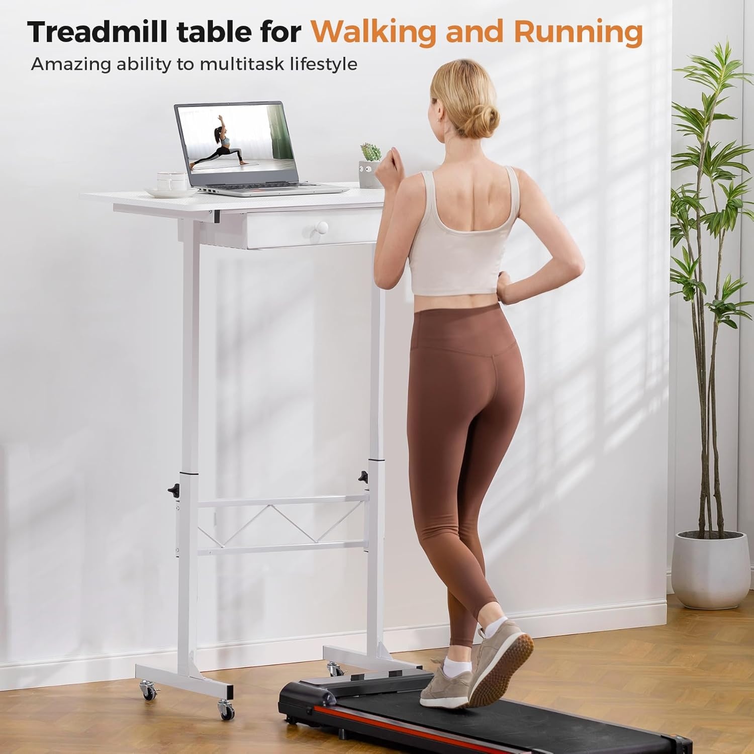 image:imageGTPLAYER Small Standing Desk Adjustable Height Small Computer Desk Mobile Portable Rolling Laptop Table with Wheels 32 Computer Workstation Sit Stand Desks Portable Standing Table Treadmill desksCarbon Fiber White