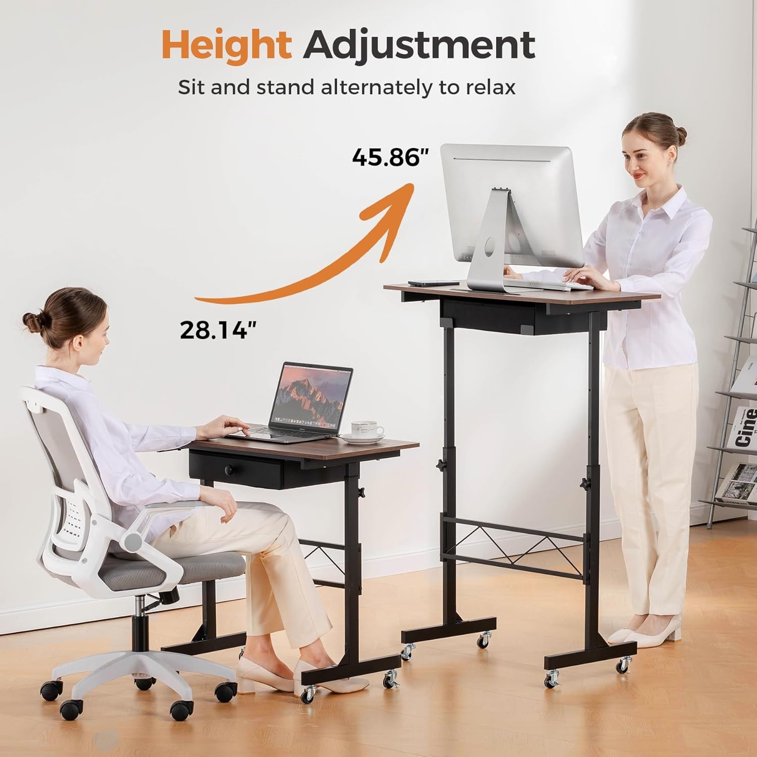 image:imageGTPLAYER Small Standing Desk Adjustable Height Small Computer Desk Mobile Portable Rolling Laptop Table with Wheels 32 Computer Workstation Sit Stand Desks Portable Standing Table Treadmill desksBrown