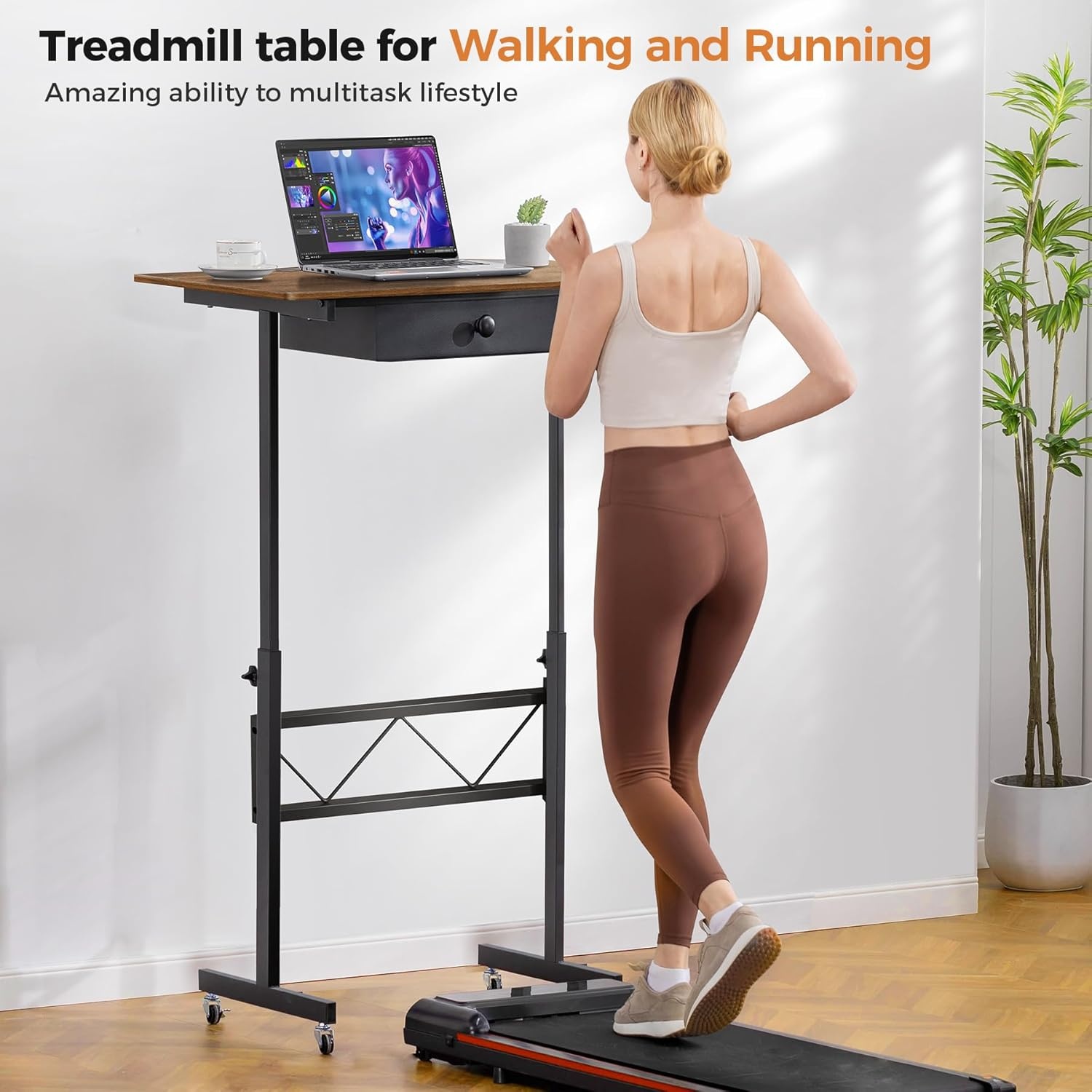 image:imageGTPLAYER Small Standing Desk Adjustable Height Small Computer Desk Mobile Portable Rolling Laptop Table with Wheels 32 Computer Workstation Sit Stand Desks Portable Standing Table Treadmill desksBrown