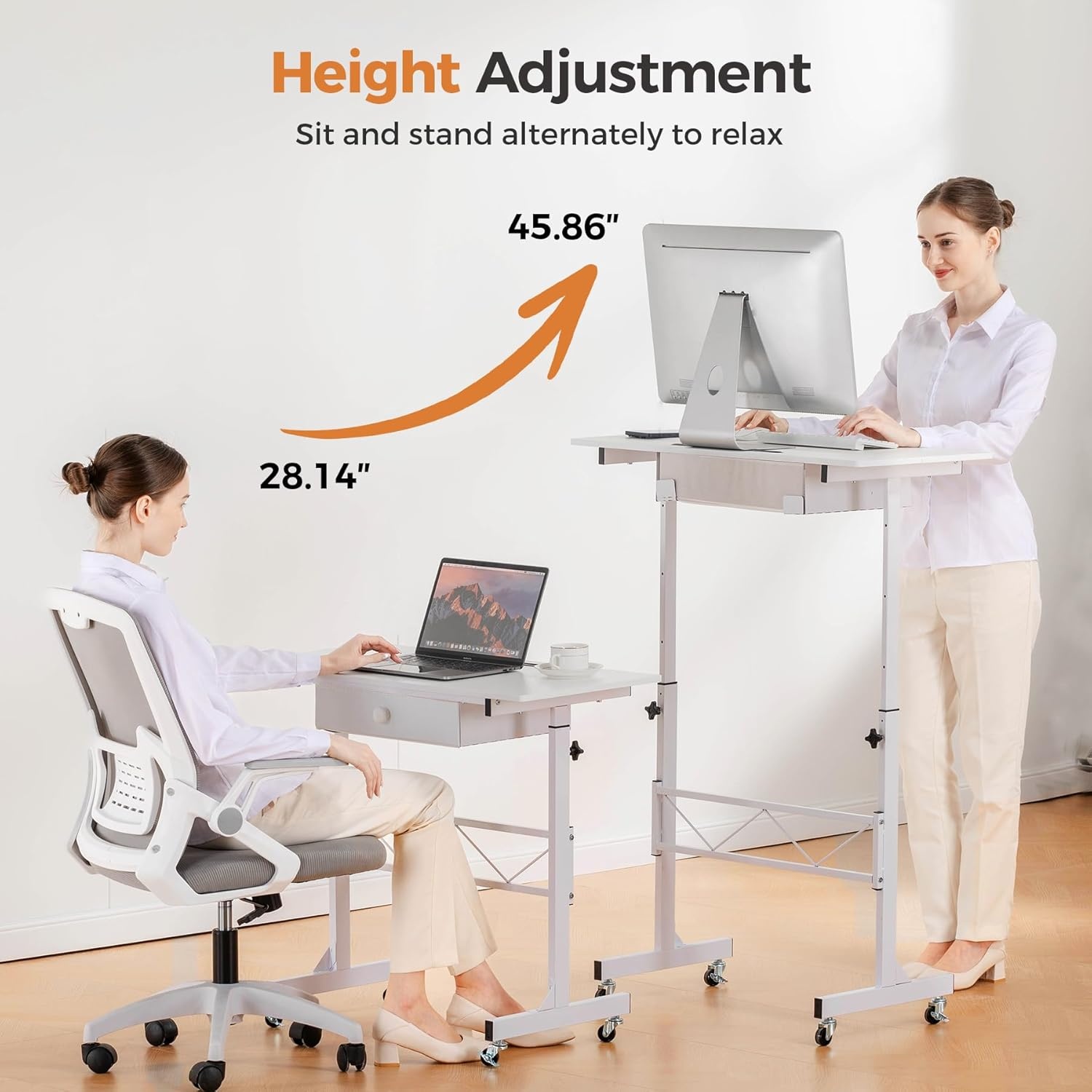image:imageGTPLAYER Small Standing Desk Adjustable Height Small Computer Desk Mobile Portable Rolling Laptop Table with Wheels 32 Computer Workstation Sit Stand Desks Portable Standing Table Treadmill desksWhite