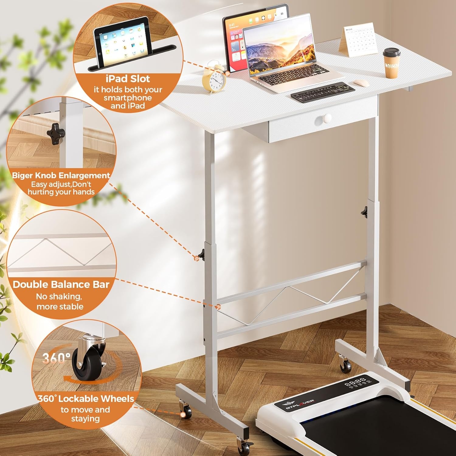 image:imageGTPLAYER Small Standing Desk Adjustable Height Small Computer Desk Mobile Portable Rolling Laptop Table with Wheels 32 Computer Workstation Sit Stand Desks Portable Standing Table Treadmill desksCfwhite