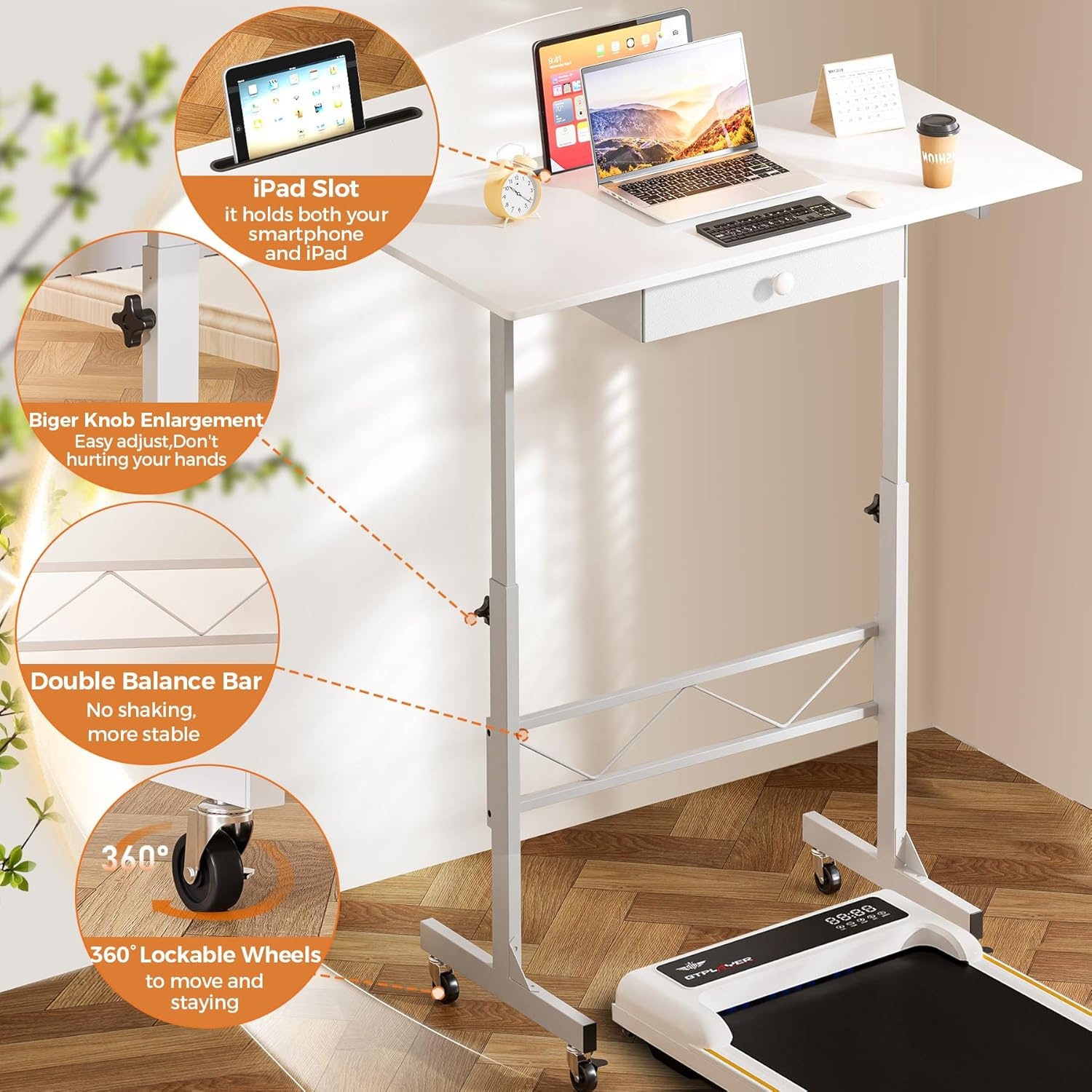 image:imageGTPLAYER Small Standing Desk Adjustable Height Small Computer Desk Mobile Portable Rolling Laptop Table with Wheels 32 Computer Workstation Sit Stand Desks Portable Standing Table Treadmill desksWhite