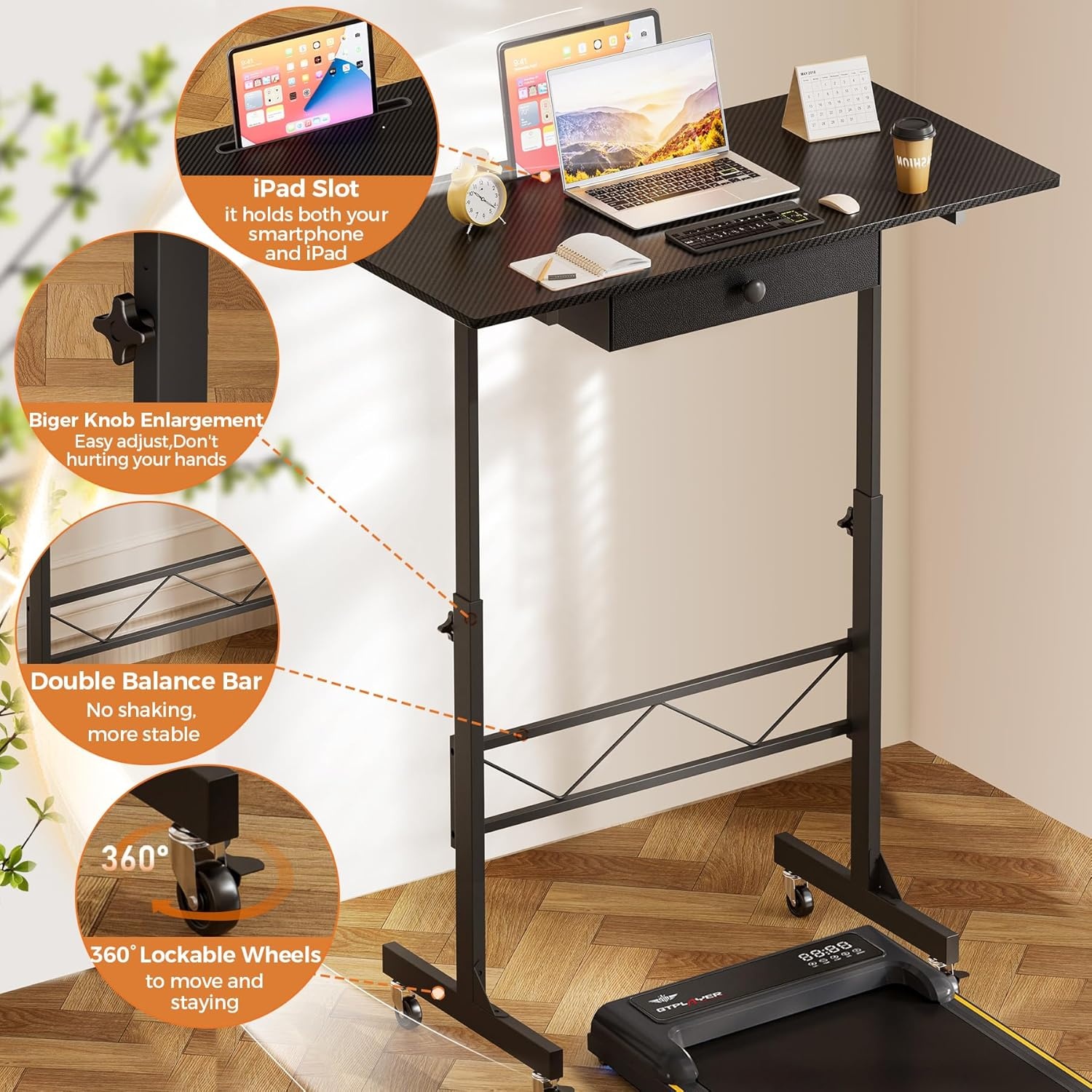 image:imageGTPLAYER Small Standing Desk Adjustable Height Small Computer Desk Mobile Portable Rolling Laptop Table with Wheels 32 Computer Workstation Sit Stand Desks Portable Standing Table Treadmill desksCfblack