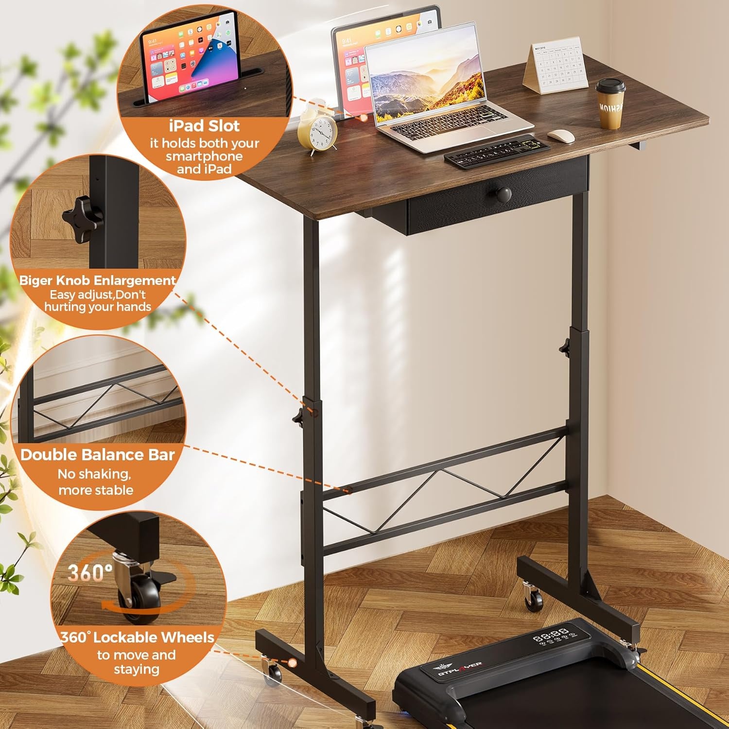 image:imageGTPLAYER Small Standing Desk Adjustable Height Small Computer Desk Mobile Portable Rolling Laptop Table with Wheels 32 Computer Workstation Sit Stand Desks Portable Standing Table Treadmill desksBrown