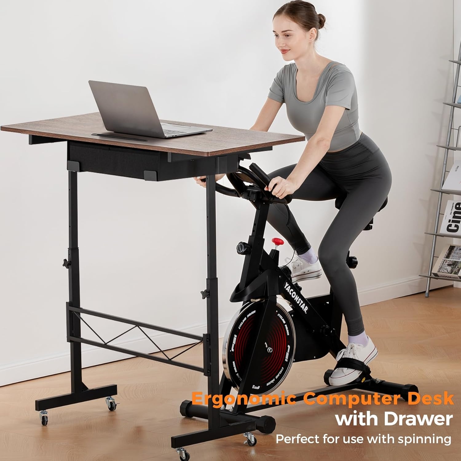image:imageGTPLAYER Small Standing Desk Adjustable Height Small Computer Desk Mobile Portable Rolling Laptop Table with Wheels 32 Computer Workstation Sit Stand Desks Portable Standing Table Treadmill desksBrown