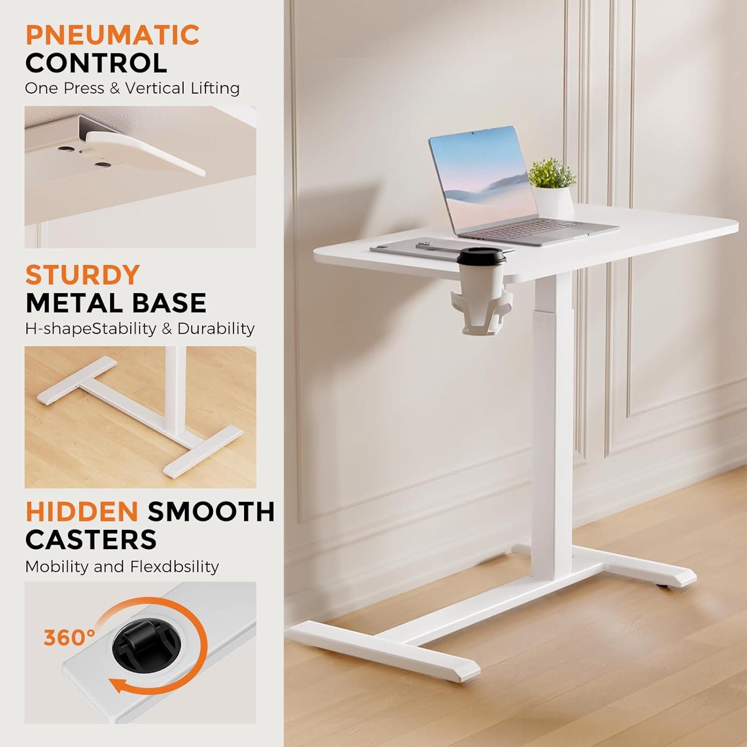 image:imageGTPLAYER Small Standing Desk with Hidden Wheels Pneumatic Mobile Rolling Laptop Desk Adjustable Height Overbed Bedside Table Computer Workstation for Home Office 32 W x 16 D BlackWhitehiddenl