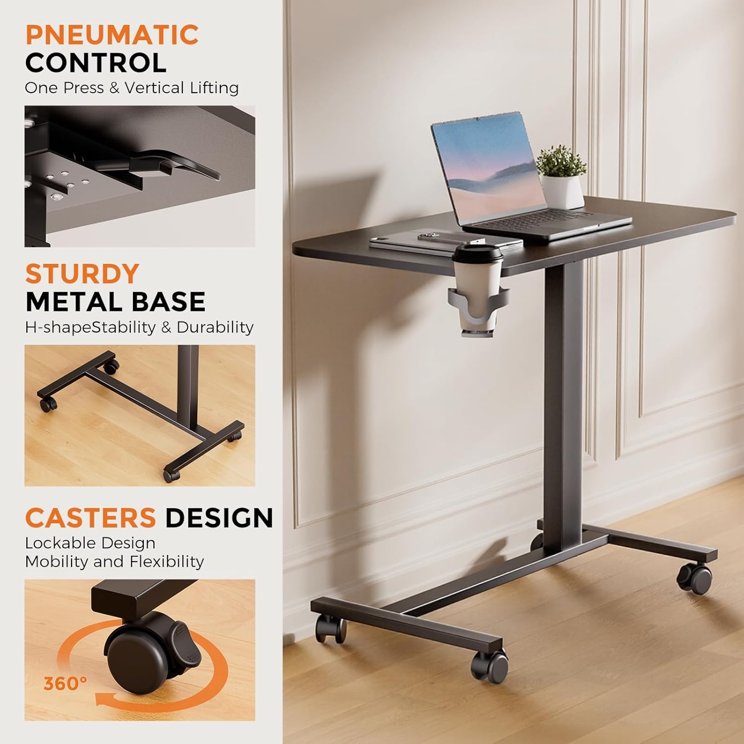 image:imageGTPLAYER Small Standing Desk with Hidden Wheels Pneumatic Mobile Rolling Laptop Desk Adjustable Height Overbed Bedside Table Computer Workstation for Home Office 32 W x 16 D BlackBlacklockablem