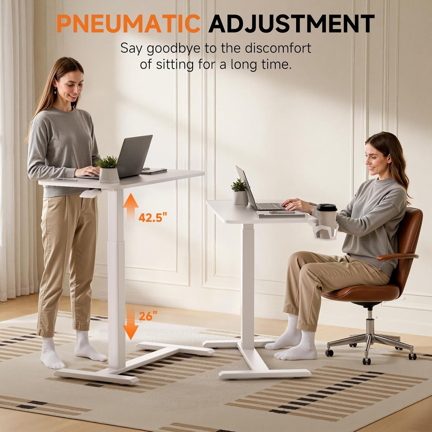 image:imageGTPLAYER Small Standing Desk with Hidden Wheels Pneumatic Mobile Rolling Laptop Desk Adjustable Height Overbed Bedside Table Computer Workstation for Home Office 32 W x 16 D BlackWhitehiddenl