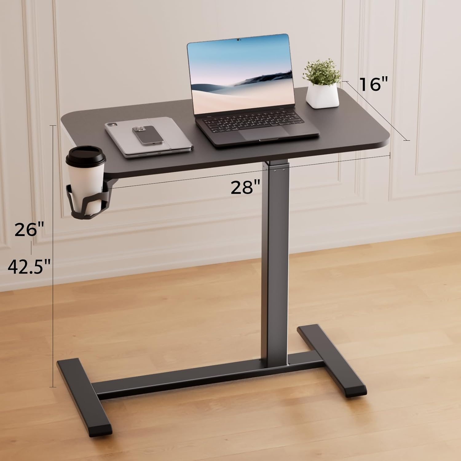 image:imageGTPLAYER Small Standing Desk with Hidden Wheels Pneumatic Mobile Rolling Laptop Desk Adjustable Height Overbed Bedside Table Computer Workstation for Home Office 32 W x 16 D BlackBlackhiddenm