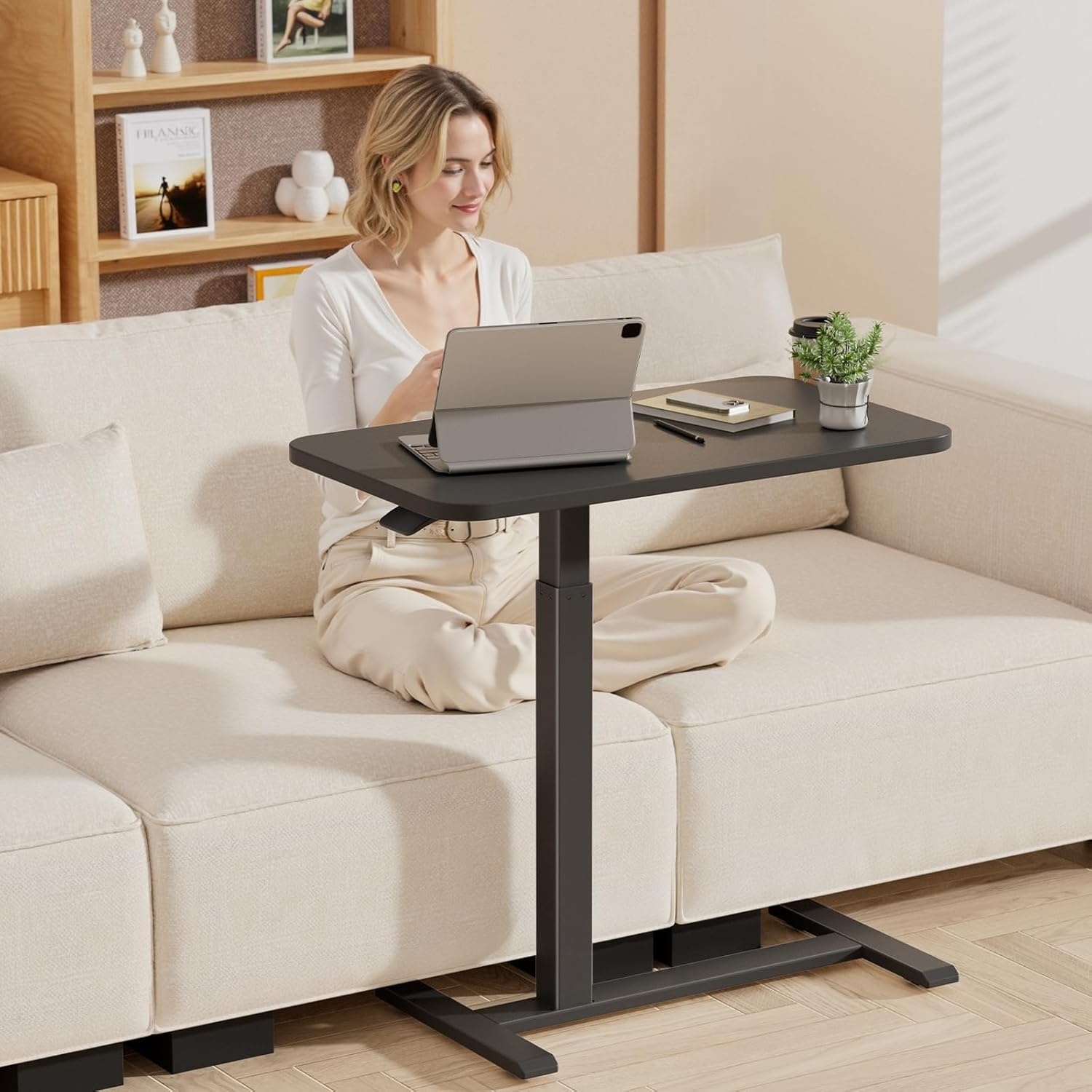 image:imageGTPLAYER Small Standing Desk with Hidden Wheels Pneumatic Mobile Rolling Laptop Desk Adjustable Height Overbed Bedside Table Computer Workstation for Home Office 32 W x 16 D BlackBlackhiddenm