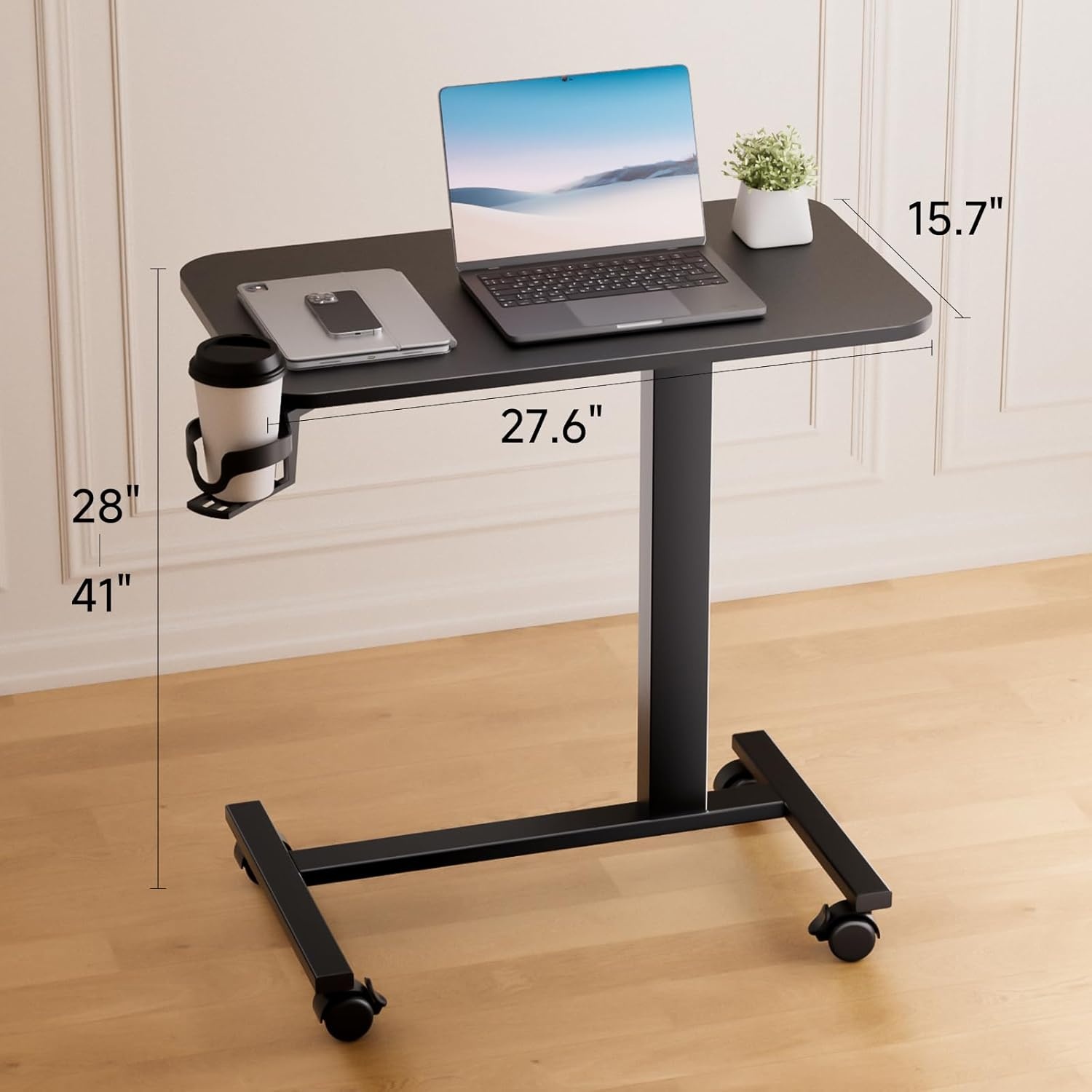image:imageGTPLAYER Small Standing Desk with Hidden Wheels Pneumatic Mobile Rolling Laptop Desk Adjustable Height Overbed Bedside Table Computer Workstation for Home Office 32 W x 16 D BlackBlacklockablem