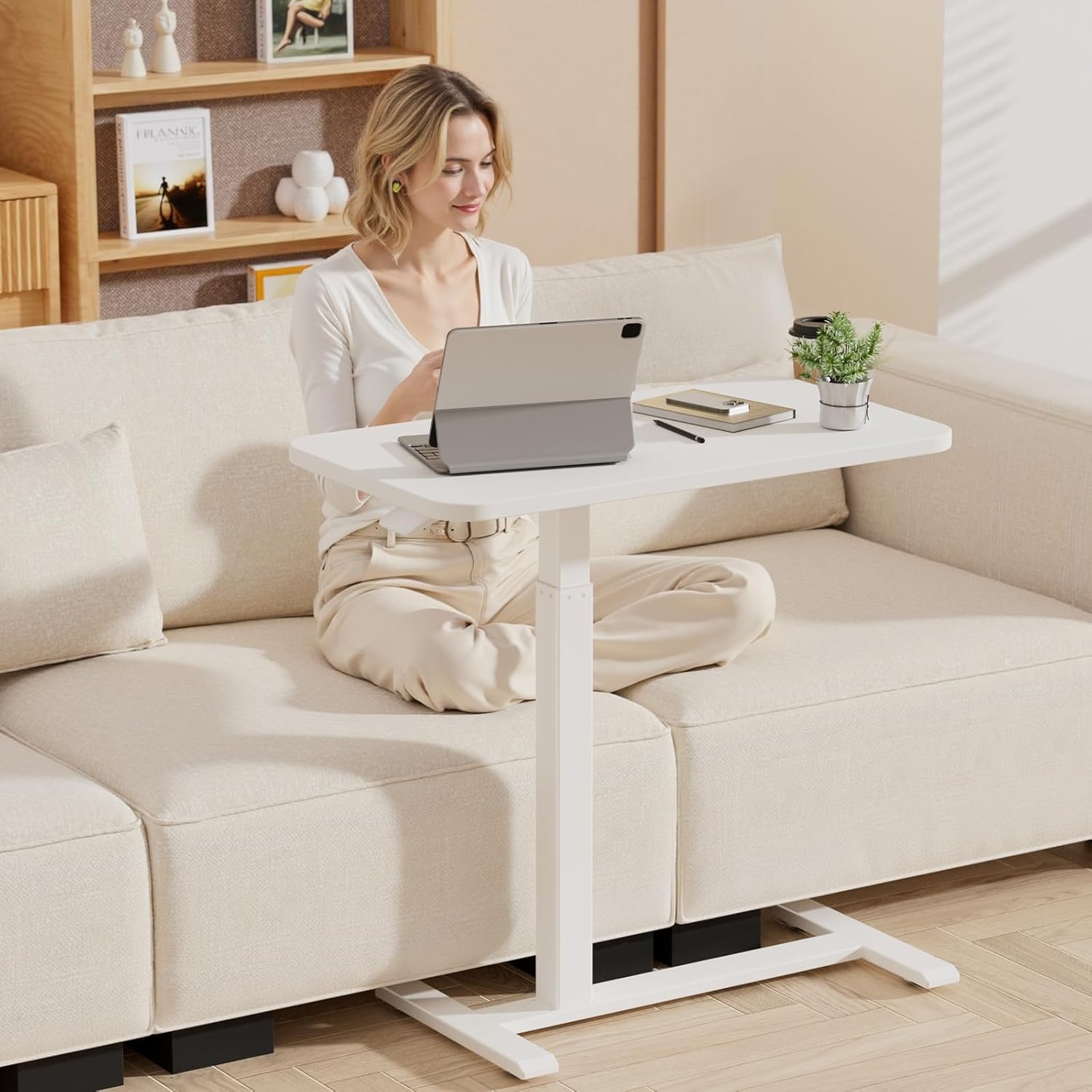 image:imageGTPLAYER Small Standing Desk with Hidden Wheels Pneumatic Mobile Rolling Laptop Desk Adjustable Height Overbed Bedside Table Computer Workstation for Home Office 32 W x 16 D BlackWhitehiddenl