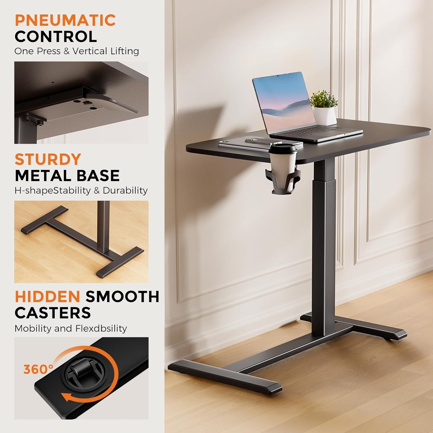 image:imageGTPLAYER Small Standing Desk with Hidden Wheels Pneumatic Mobile Rolling Laptop Desk Adjustable Height Overbed Bedside Table Computer Workstation for Home Office 32 W x 16 D BlackBlackhiddenm