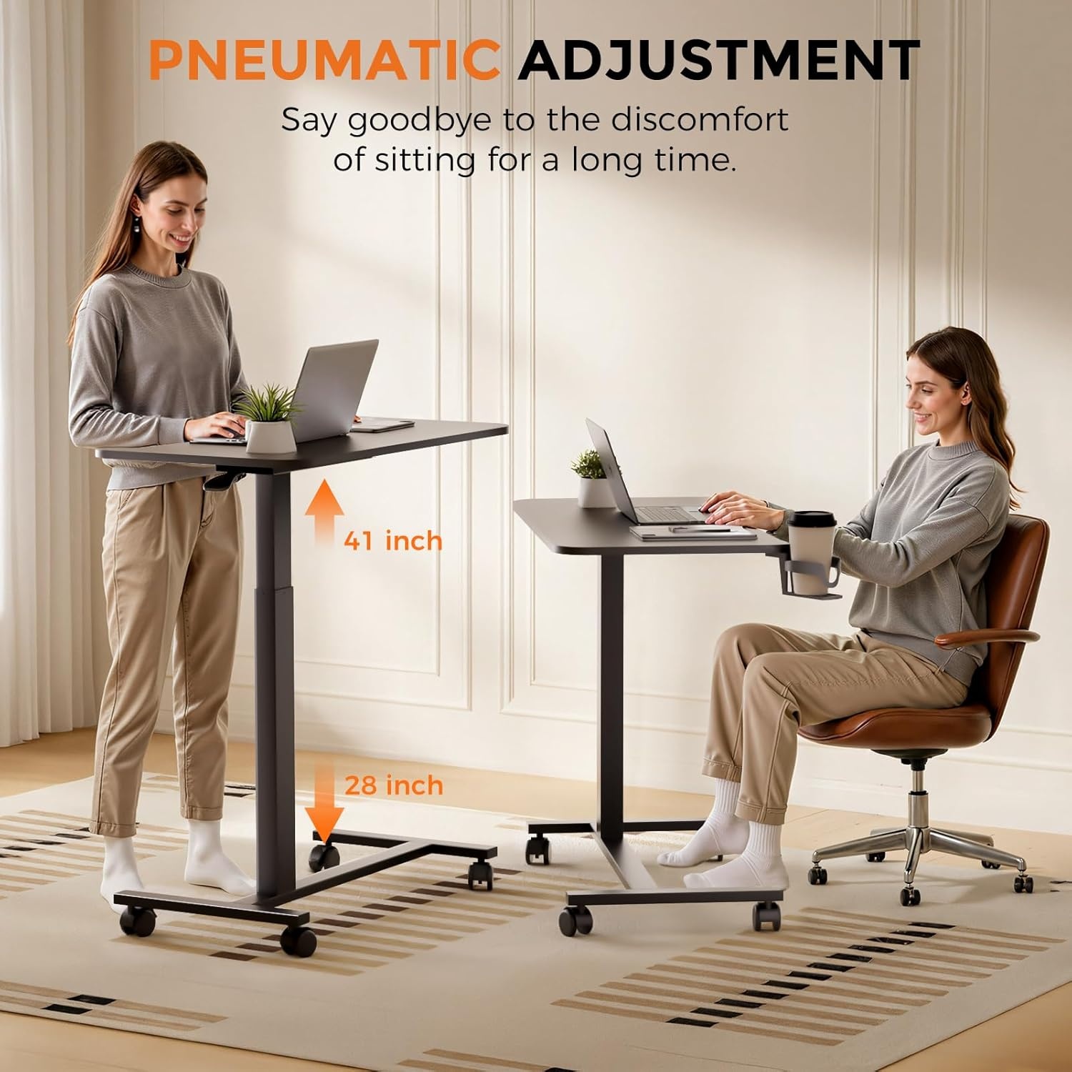 image:imageGTPLAYER Small Standing Desk with Hidden Wheels Pneumatic Mobile Rolling Laptop Desk Adjustable Height Overbed Bedside Table Computer Workstation for Home Office 32 W x 16 D BlackBlacklockablem