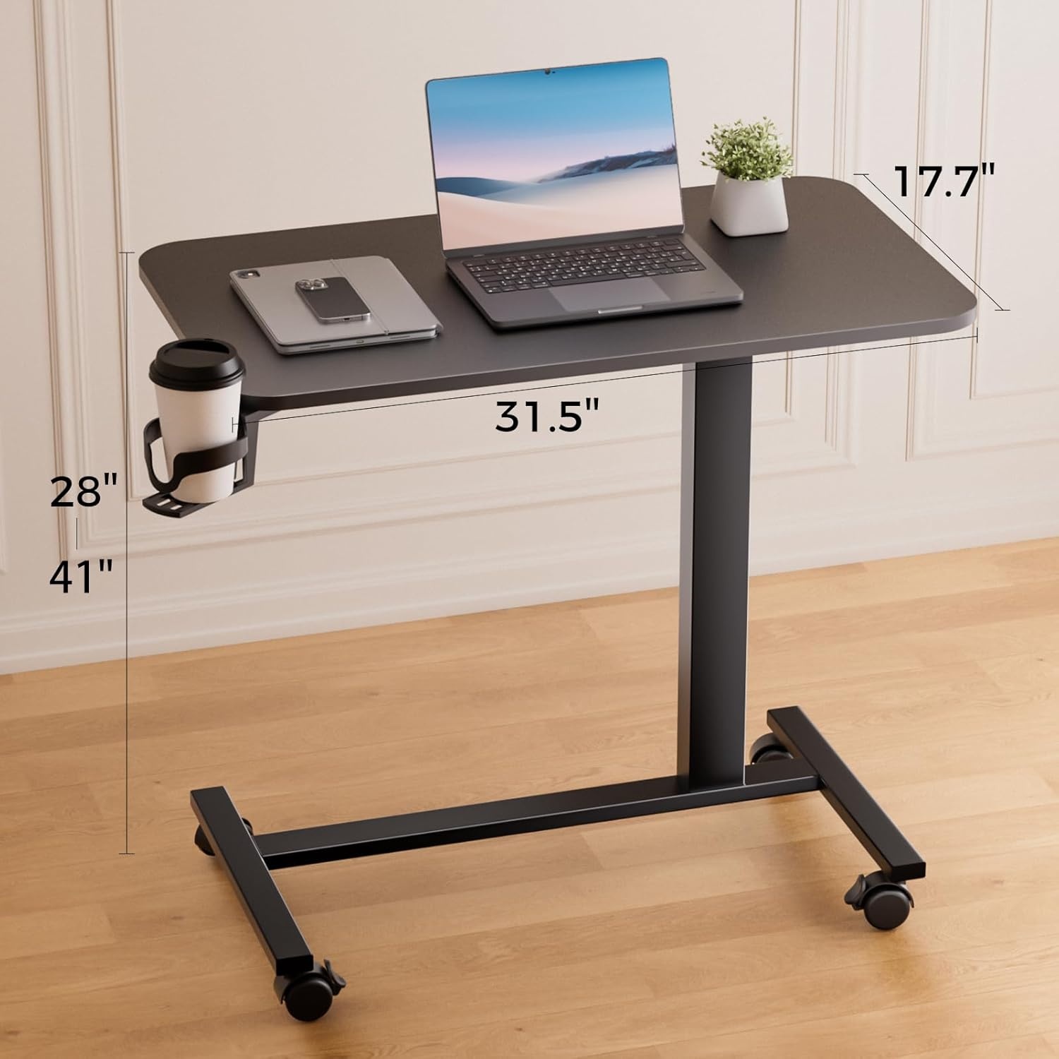 image:imageGTPLAYER Small Standing Desk with Hidden Wheels Pneumatic Mobile Rolling Laptop Desk Adjustable Height Overbed Bedside Table Computer Workstation for Home Office 32 W x 16 D BlackBlackhiddenl