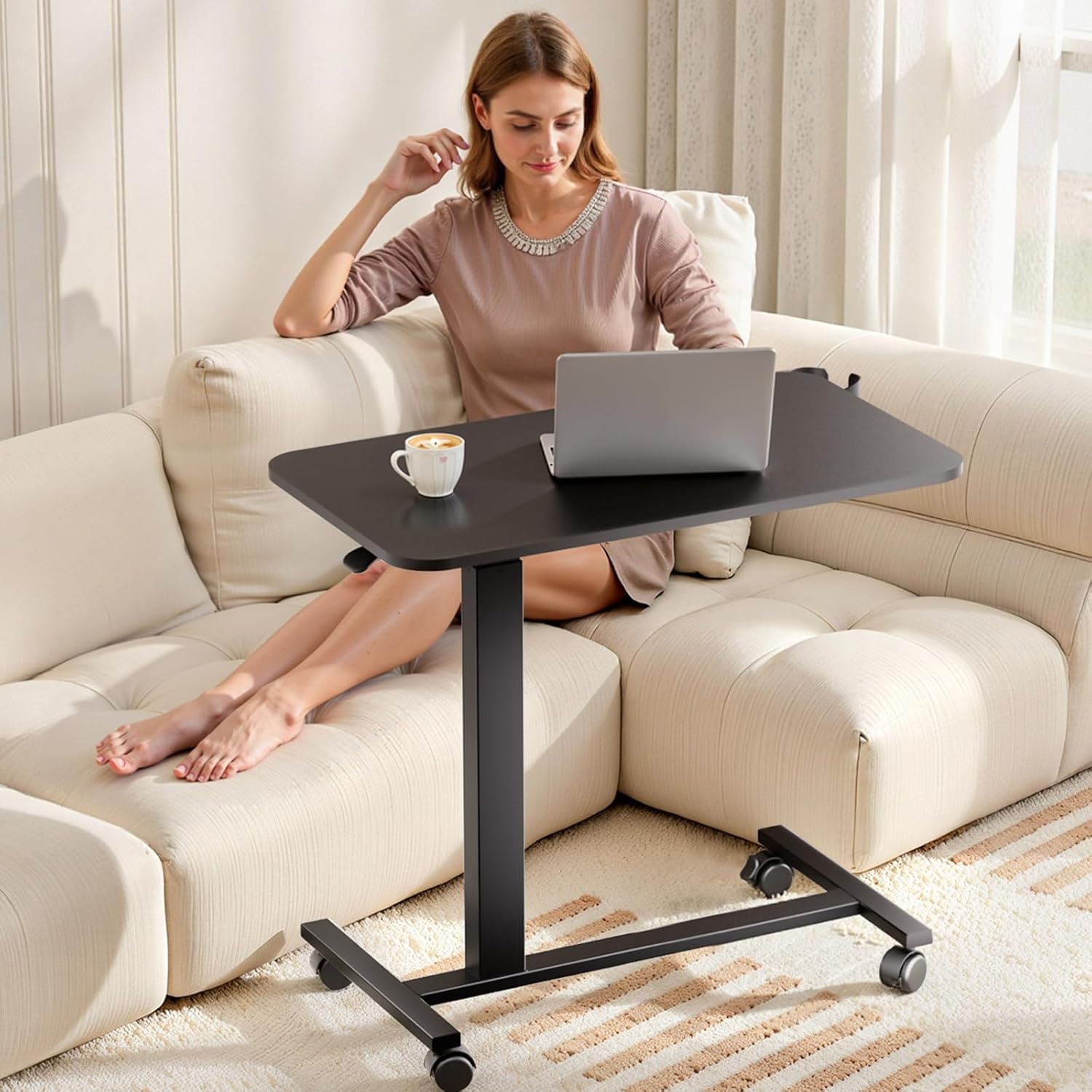 image:imageGTPLAYER Small Standing Desk with Hidden Wheels Pneumatic Mobile Rolling Laptop Desk Adjustable Height Overbed Bedside Table Computer Workstation for Home Office 32 W x 16 D BlackBlacklockablem
