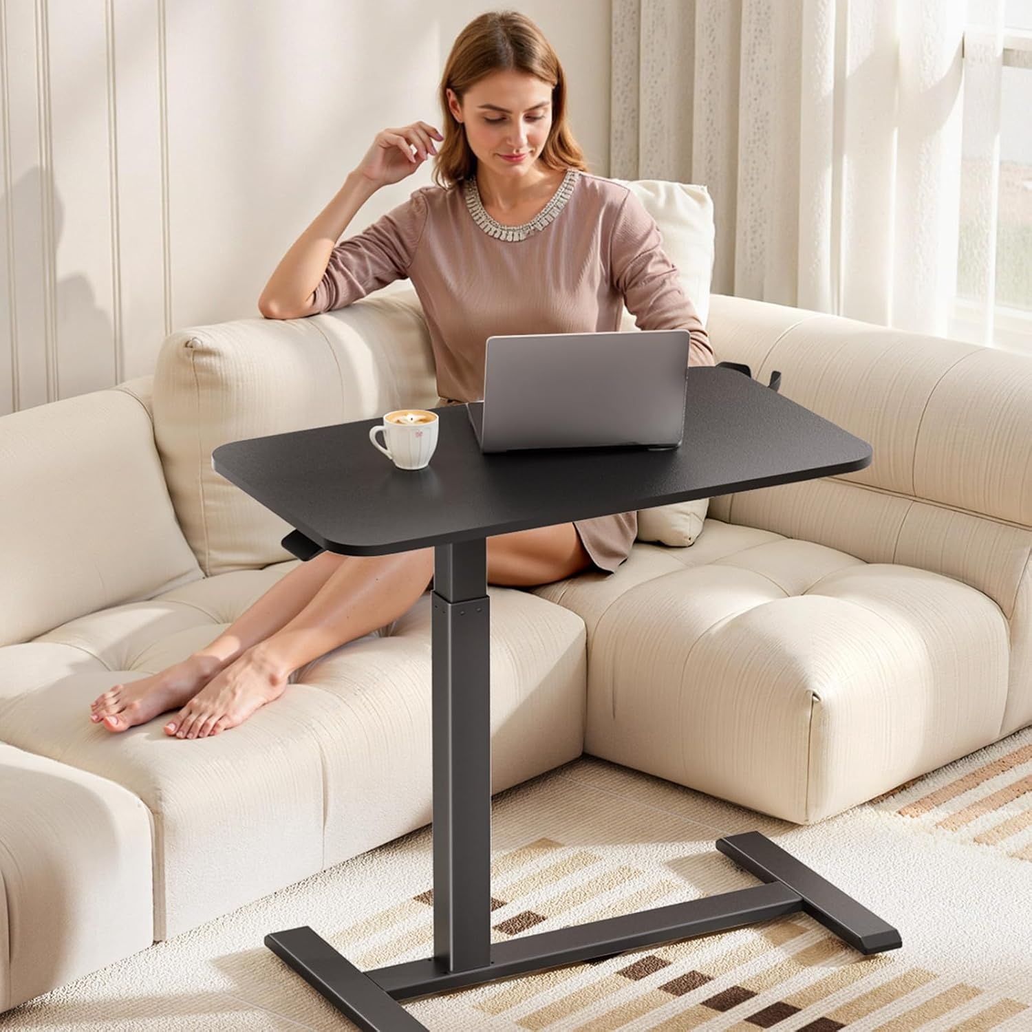 image:imageGTPLAYER Small Standing Desk with Hidden Wheels Pneumatic Mobile Rolling Laptop Desk Adjustable Height Overbed Bedside Table Computer Workstation for Home Office 32 W x 16 D BlackBlackhiddenl