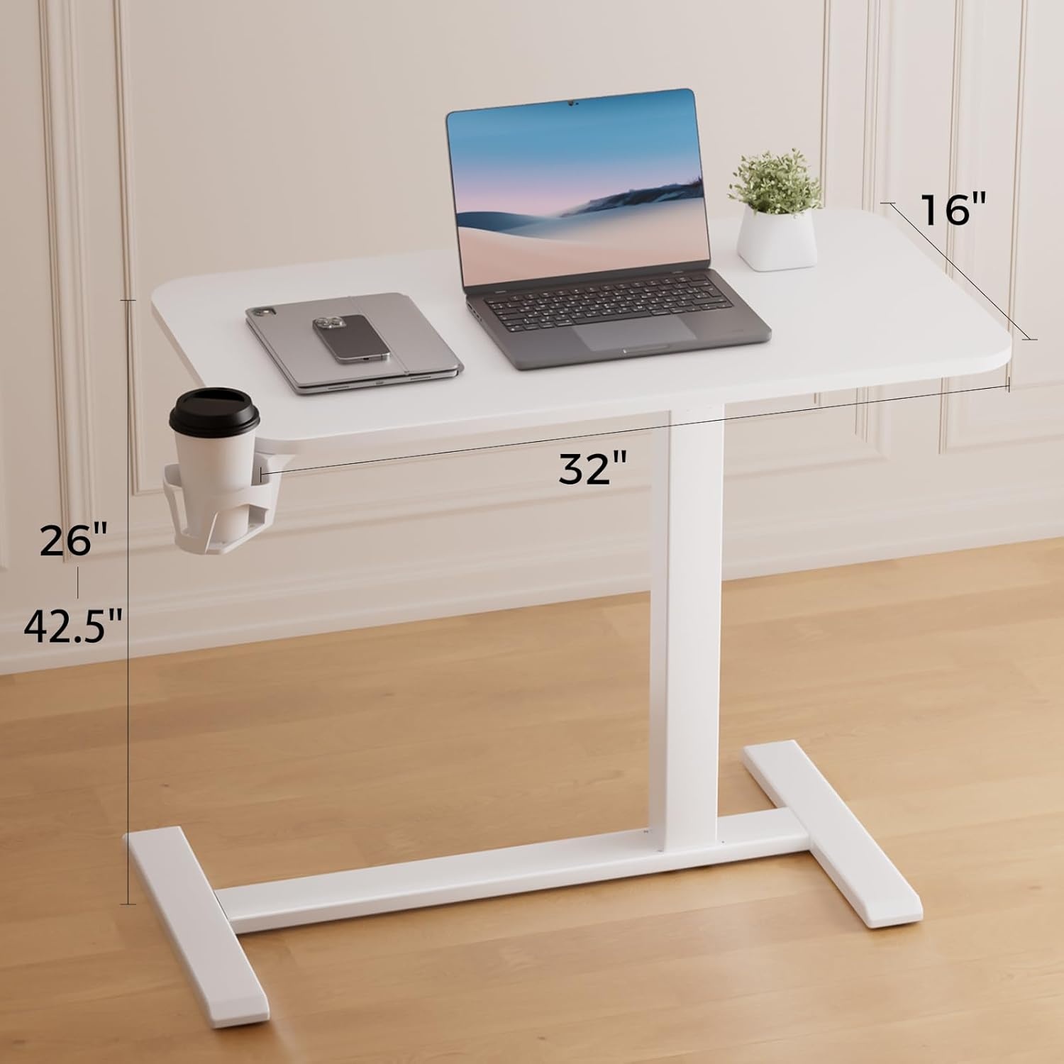image:imageGTPLAYER Small Standing Desk with Hidden Wheels Pneumatic Mobile Rolling Laptop Desk Adjustable Height Overbed Bedside Table Computer Workstation for Home Office 32 W x 16 D BlackWhitehiddenl