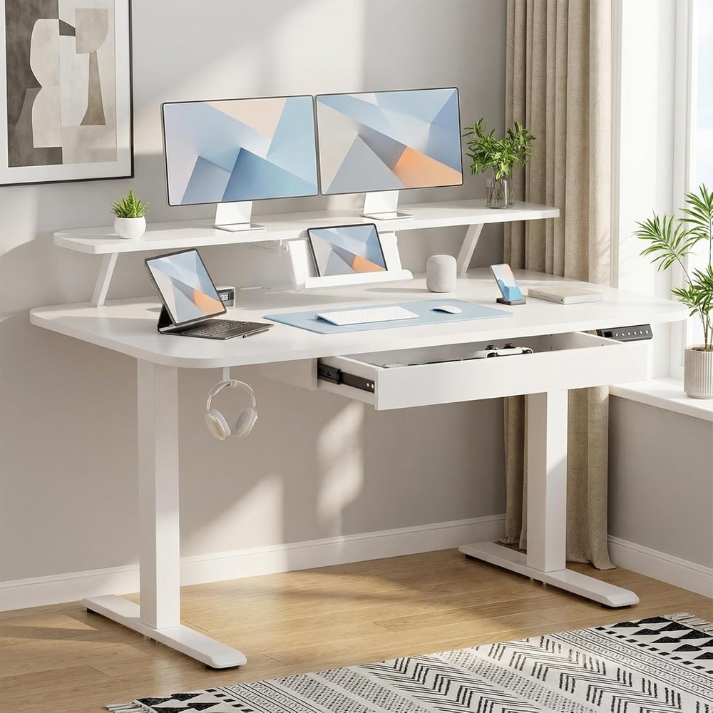 image:imageGTPLAYER Electric Standing Desk with Drawers 48 x 24 Inches Height Adjustable Computer Desk with Monitor Stand Laptop Stand Sit Stand up Desk with Memory Preset for Home Office WhiteIvory White