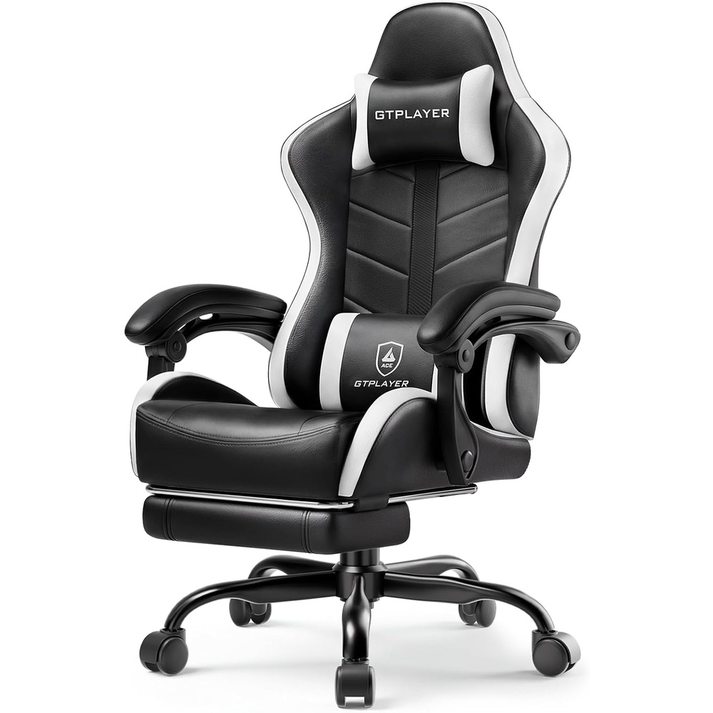 image:imageGTPLAYER Gaming Chair Computer Gaming Chairs for Adults with Footrest Height Adjustable PC Game Chair with 90155 Recline amp Removable Headrest Lumbar Support BlackWhitePearl White