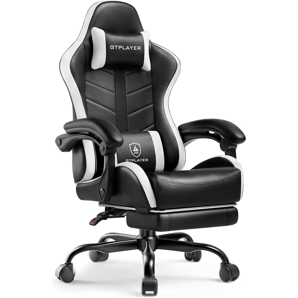 image:imageGTPLAYER Gaming Chair Computer Gaming Chairs for Adults with Footrest Height Adjustable PC Game Chair with 90155 Recline amp Removable Headrest Lumbar Support BlackWhiteSnow White
