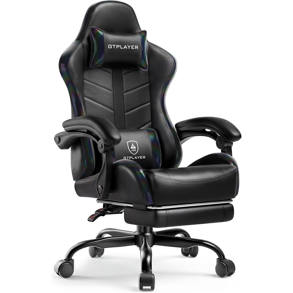 image:imageGTPLAYER Gaming Chair Computer Gaming Chairs for Adults with Footrest Height Adjustable PC Game Chair with 90155 Recline amp Removable Headrest Lumbar Support BlackWhiteColorful Black