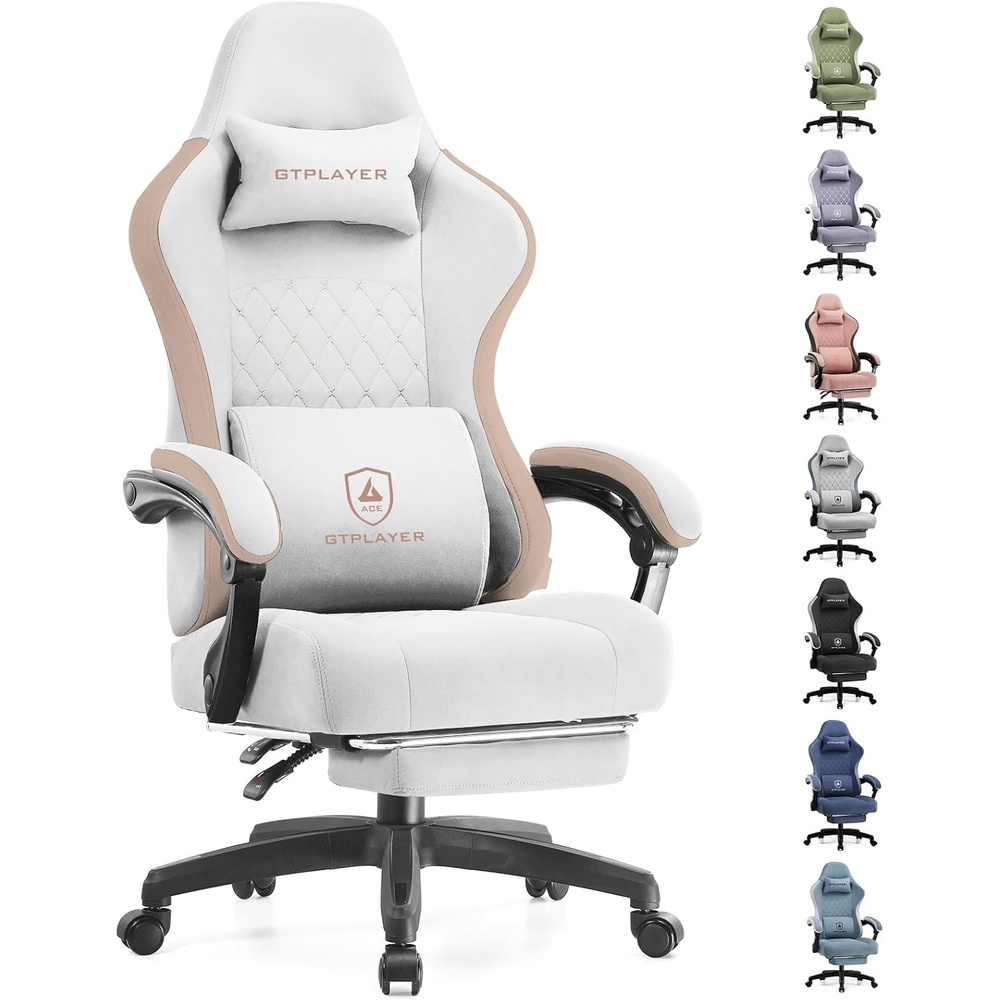 image:imageGTPLAYER Gaming Chair Computer Office Chair with Pocket Spring Cushion Linkage Armrests and Footrest High Back Ergonomic Computer Chair with Lumbar Support Task Chair with FootrestIvorywhite