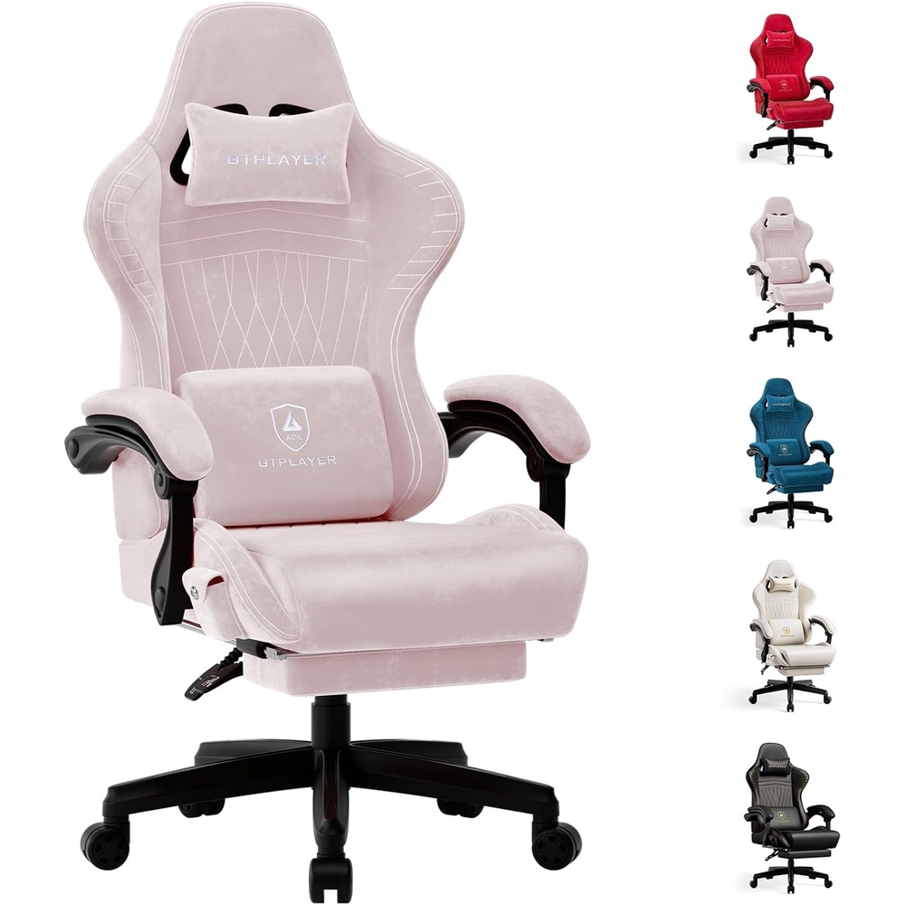 image:imageGTPLAYER Gaming Chair for Adults Ergonomic Computer Game Chairs with Speakers Footrest amp Linkage Armrest Reclining High Back Silla Gamer for Home Office Ace Pro OffWhite01 Pink Velvet