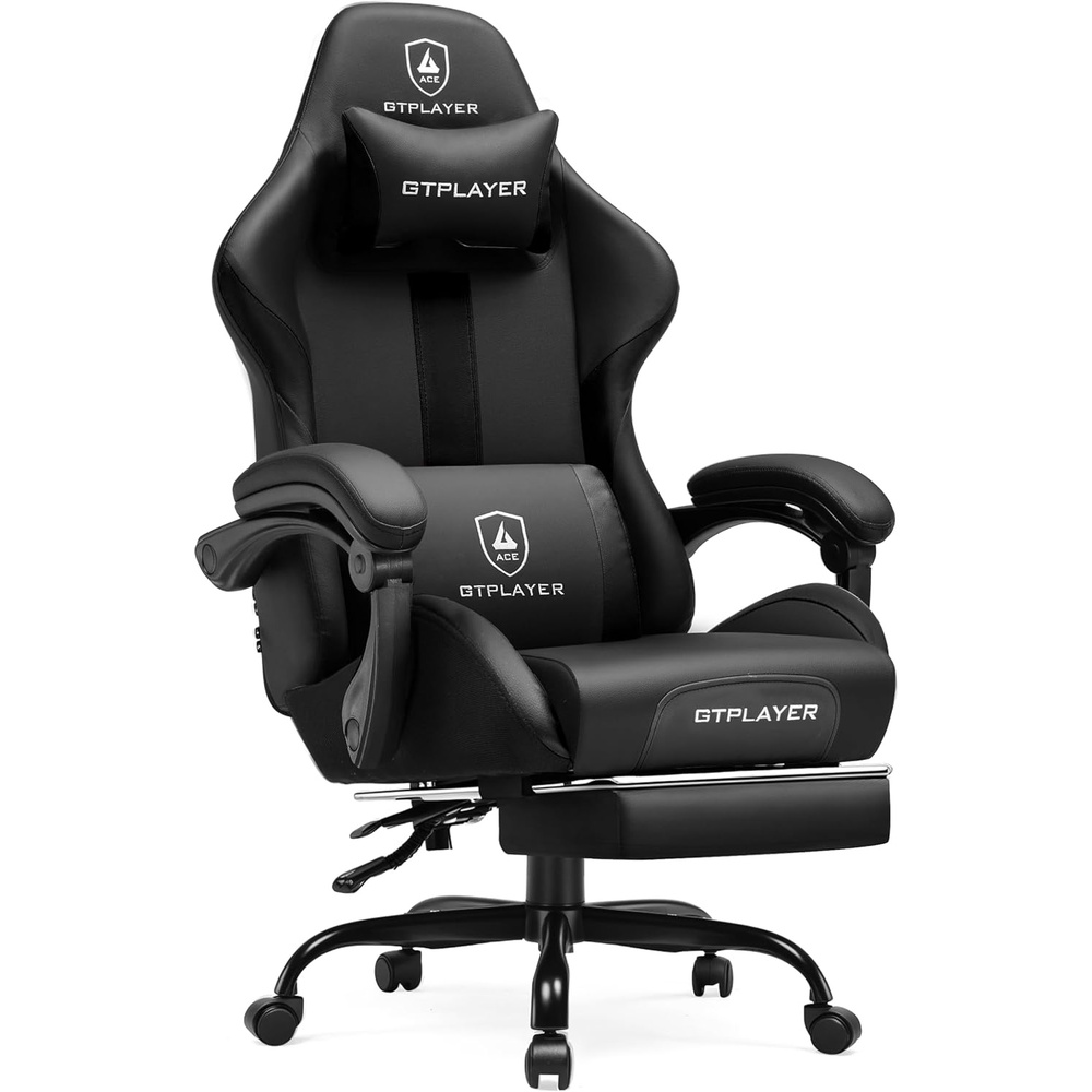 image:imageGTPLAYER Gaming Chair with Foot Rest amp Pocket Spring Cushion Ergonomic High Back Computer Chair with Headrest amp 360Swivel Seat for Home Office Desk PU Leather PinkPitchblack