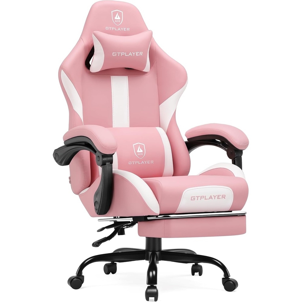 image:imageGTPLAYER Gaming Chair with Foot Rest amp Pocket Spring Cushion Ergonomic High Back Computer Chair with Headrest amp 360Swivel Seat for Home Office Desk PU Leather PinkPink