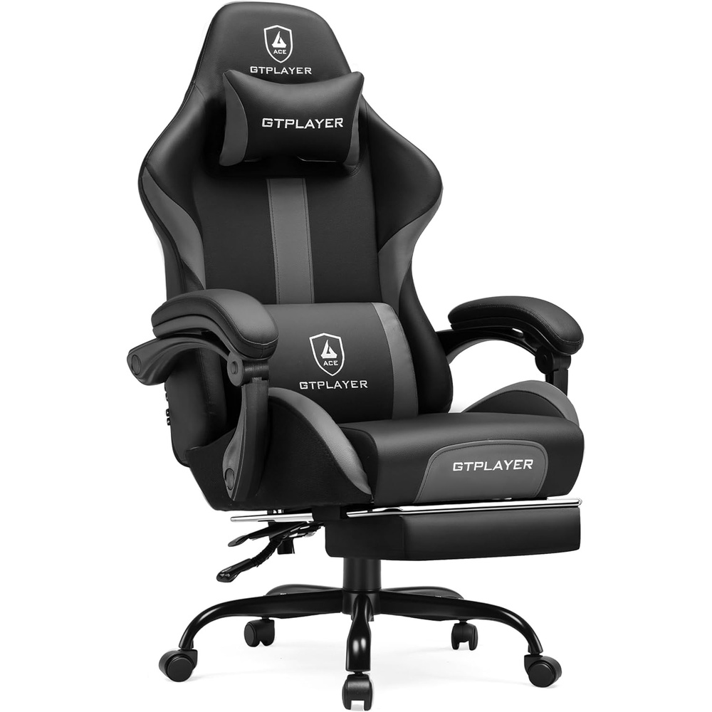 image:imageGTPLAYER Gaming Chair with Foot Rest amp Pocket Spring Cushion Ergonomic High Back Computer Chair with Headrest amp 360Swivel Seat for Home Office Desk PU Leather PinkDarkgray