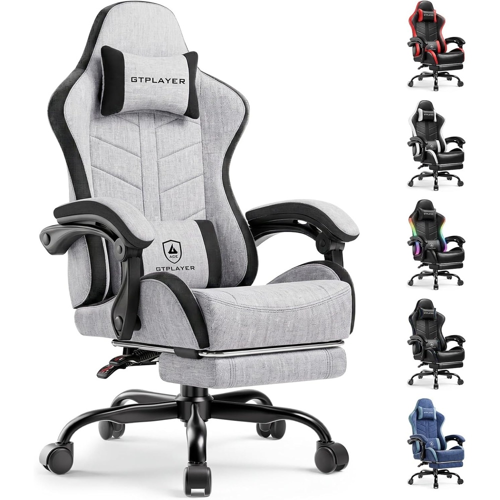 image:imageGTPLAYER RGB Gaming Chair with Footrest Computer Gaming Chair with LED Lights for Adults Height Adjustable PC Gamer Chair with 90155 Recline amp Removable Headrest Lumbar Support RGB Black8 Linen Fabric Grayblack